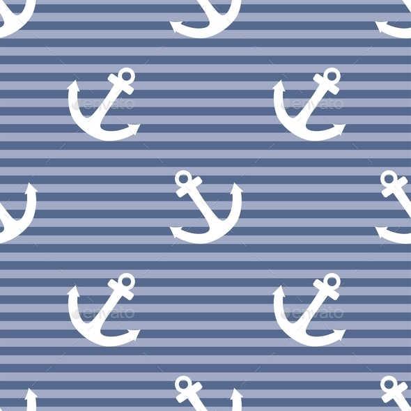 Tile Sailor Pattern With White Anchor On Navy Blue Stripes Background