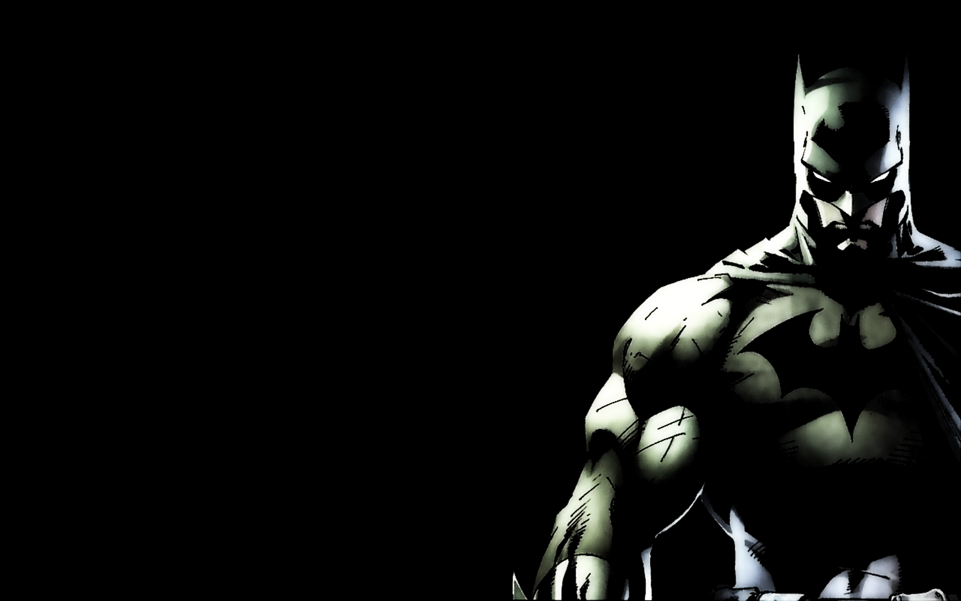 A dramatic close-up of Batman against a dark background, highlighting his muscular physique and iconic cowl
