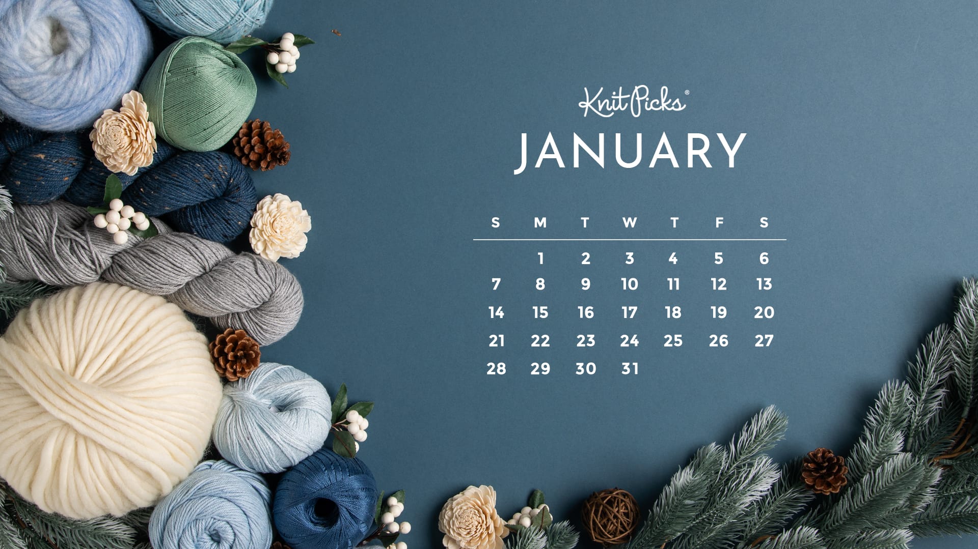 January 2024 calendar from Knit Picks with yarn and winter greenery