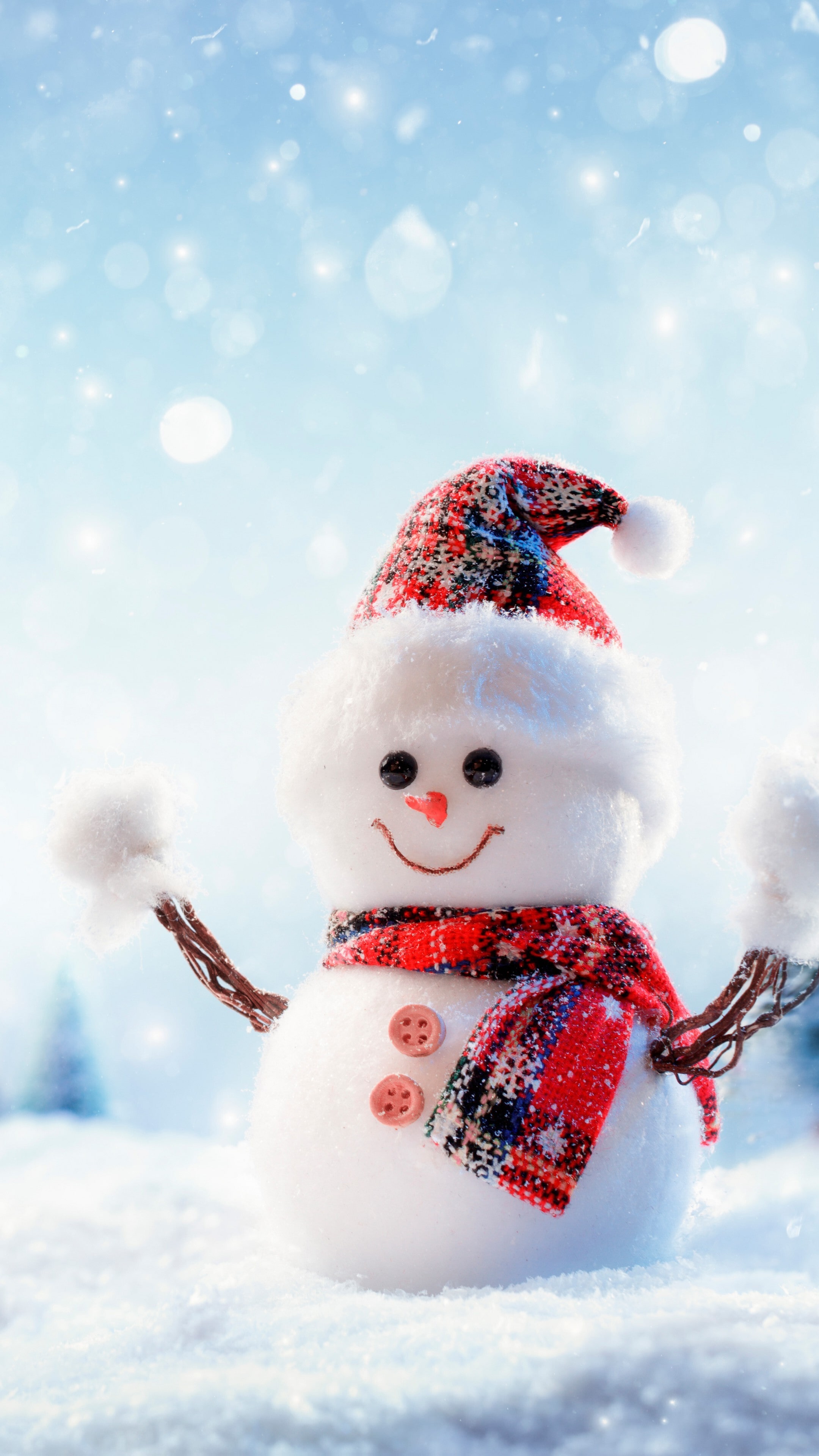 A cheerful snowman stands in a snowy landscape, wearing a red and black plaid scarf and hat. Perfect for a winter or Christmas wallpaper