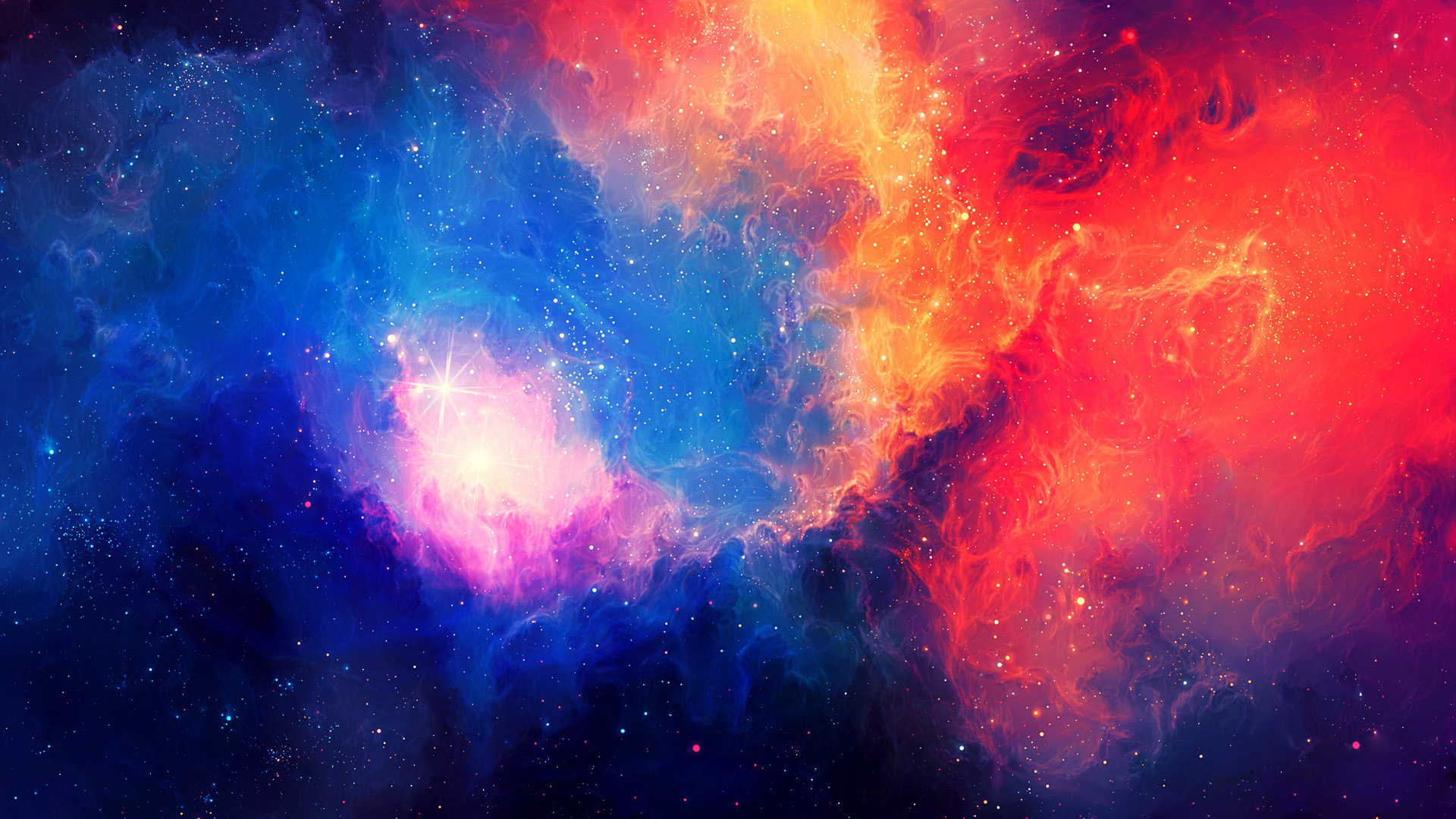 A breathtaking nebula of swirling blue, pink, and fiery orange gases in a vast, starry expanse, creating a stunning cosmic wallpaper