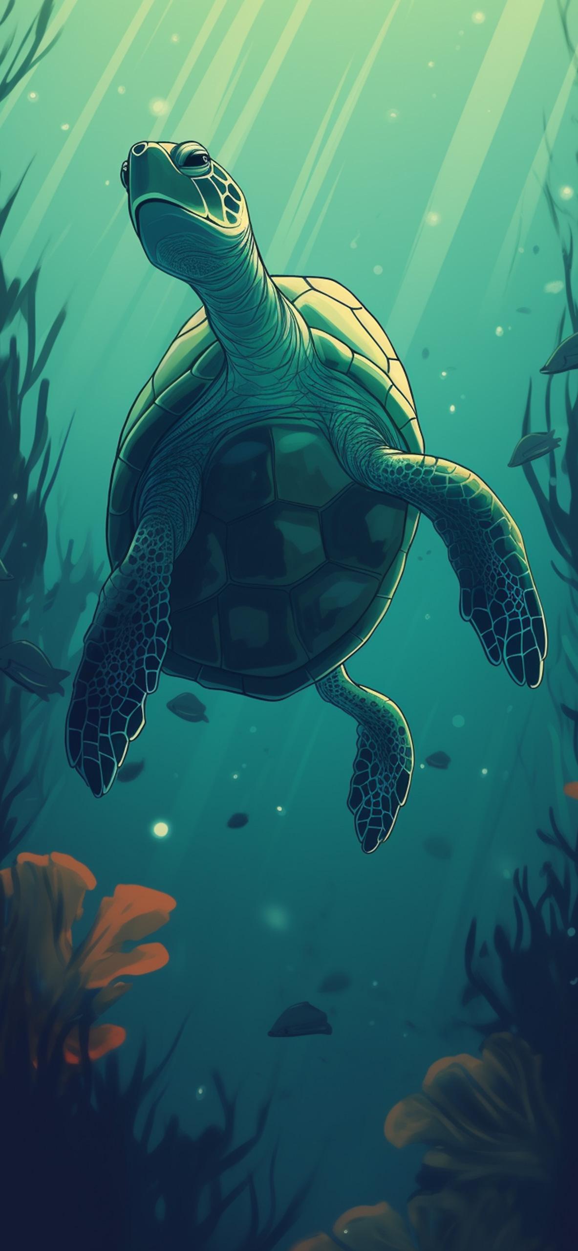 Turtle Underwater Green Wallpaper iPhone 4k