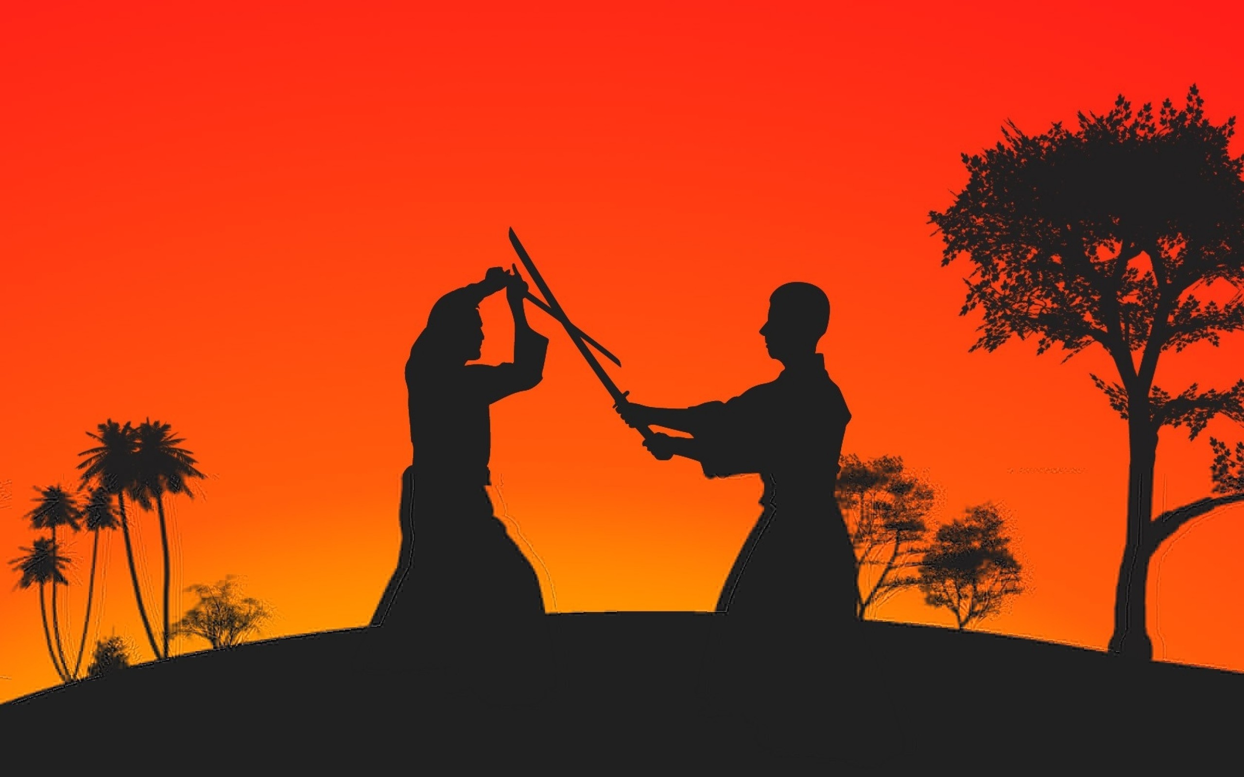 Two martial artists silhouetted against a vibrant sunset, engaged in a sword fight