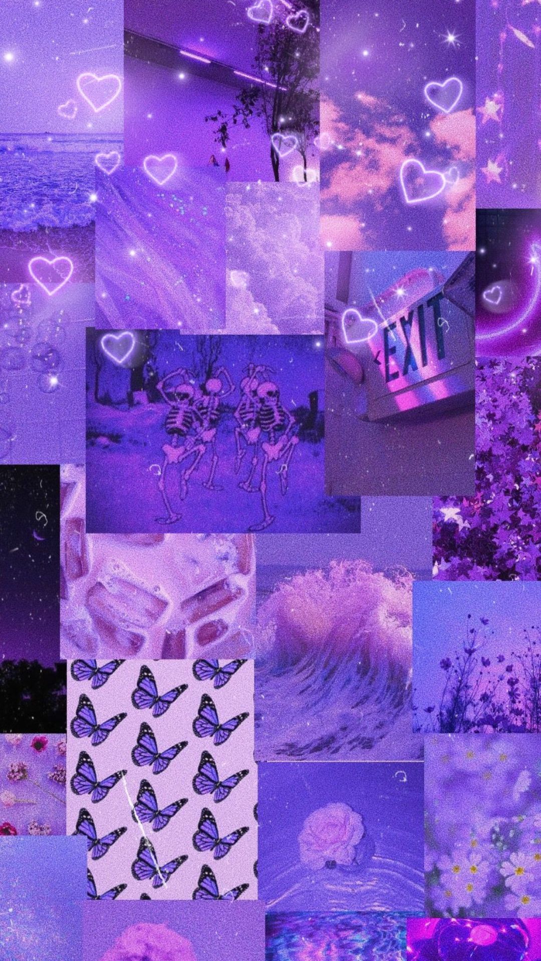 A collage of various purple aesthetic images, including hearts, flowers, butterflies, a beach, and skeletons. Perfect for a purple-themed background or wallpaper
