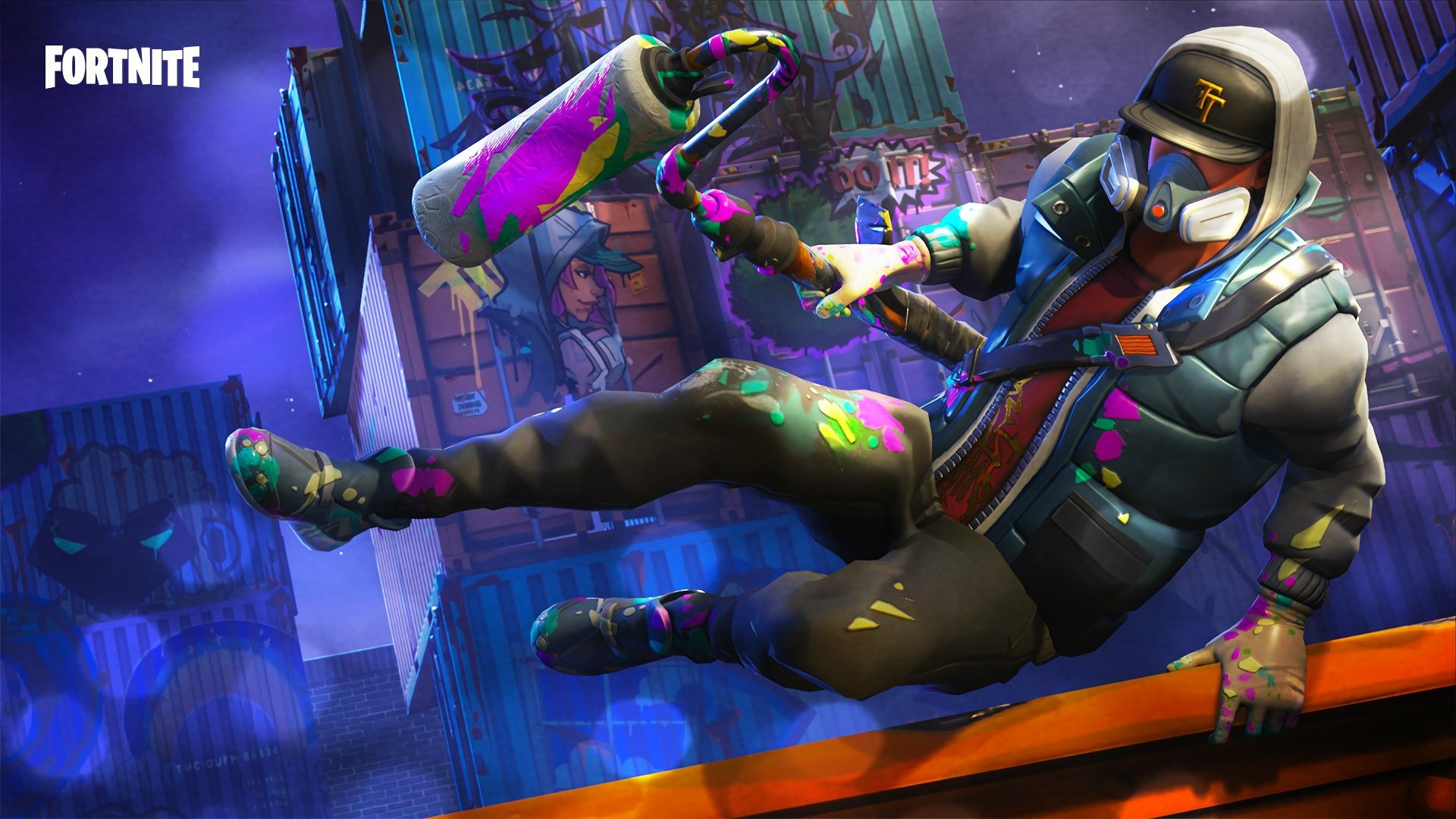 A Fortnite character, cloaked in vibrant paint splatters and a respirator mask, dynamically leaps through a graffiti-filled urban setting. His attire suggests a graffiti artist or tagger theme, enhancing the street art backdrop