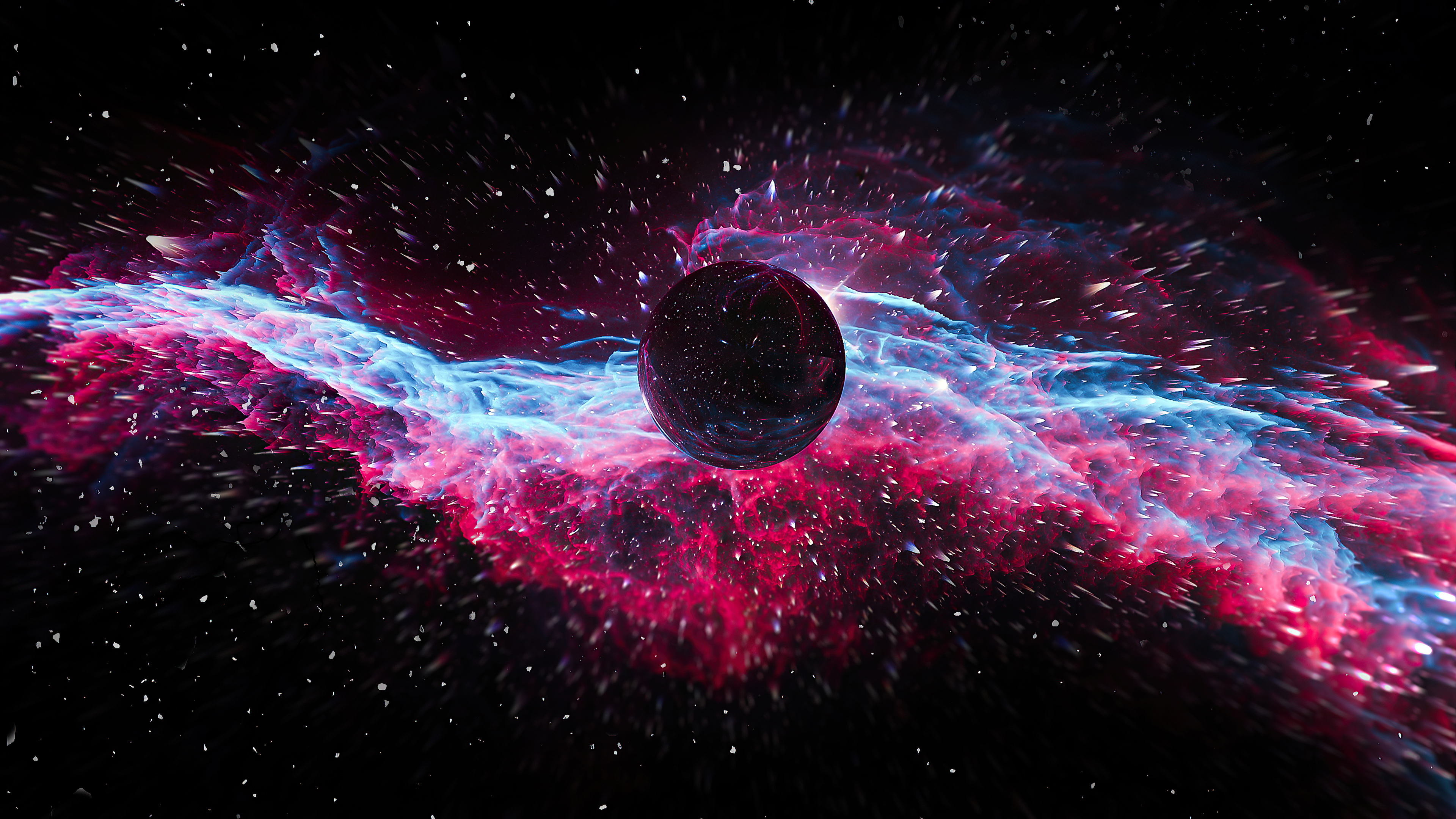 A mesmerizing 4k space wallpaper featuring a dark, mysterious planet amidst a vibrant nebula of pink and blue hues, with countless stars scattered across the backdrop