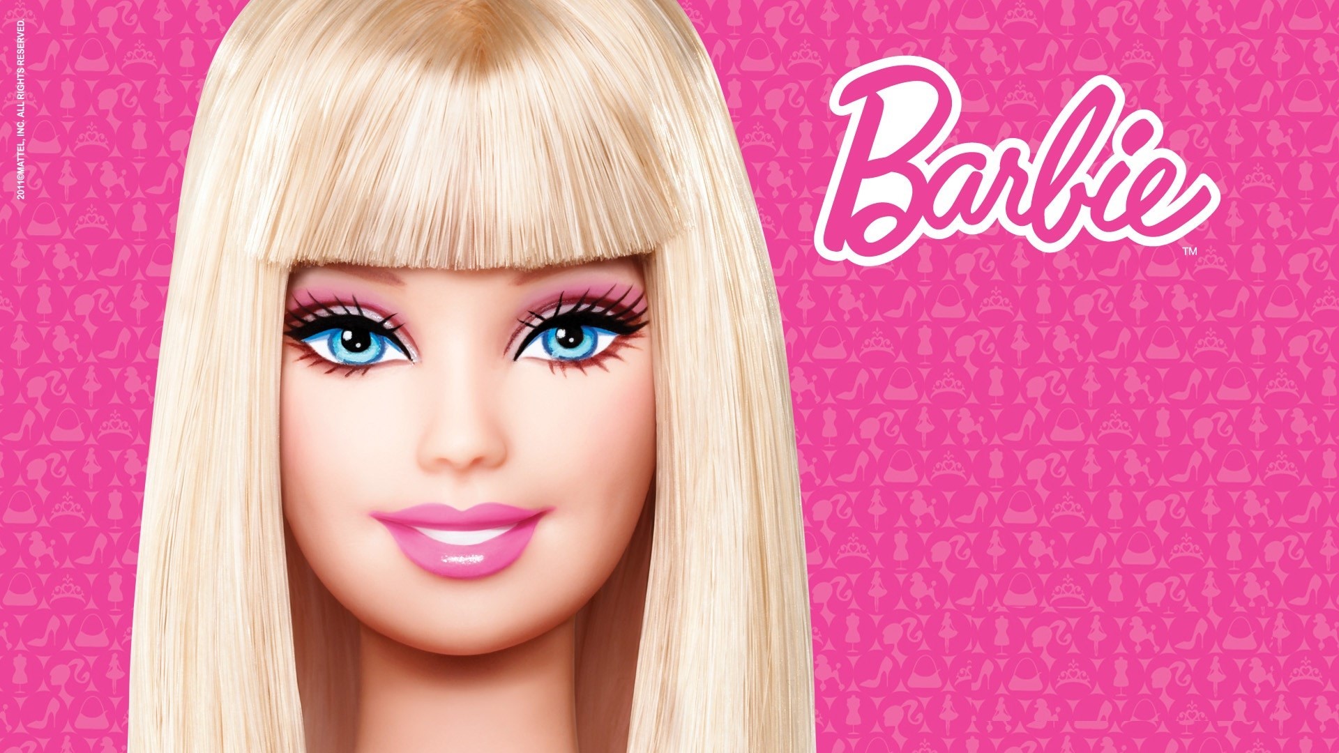 Close-up of Barbie's face against a pink patterned background with the Barbie logo