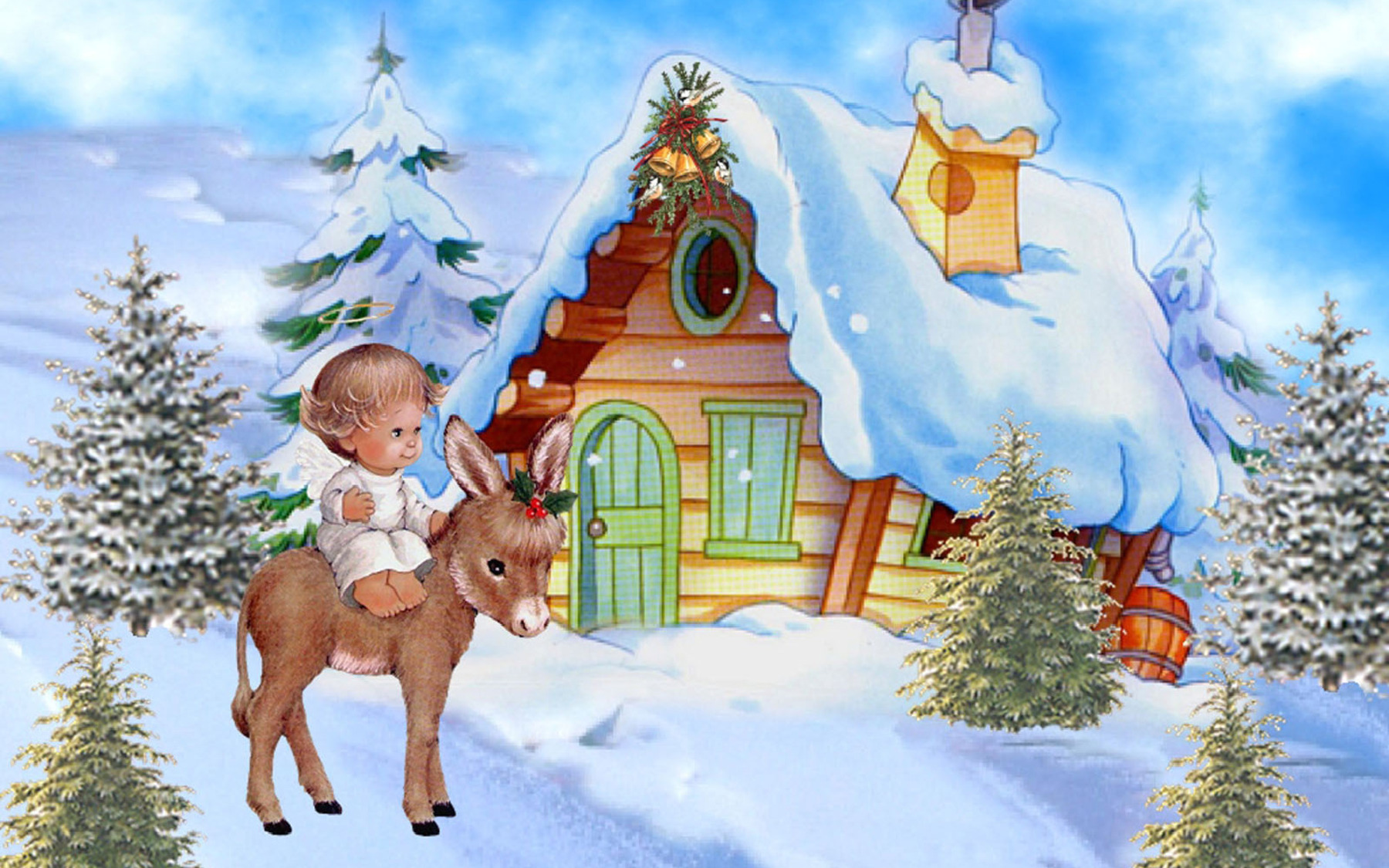 A charming Christmas scene with a cherubic snow angel riding a donkey towards a cozy snow-covered cabin, perfect for a festive wallpaper