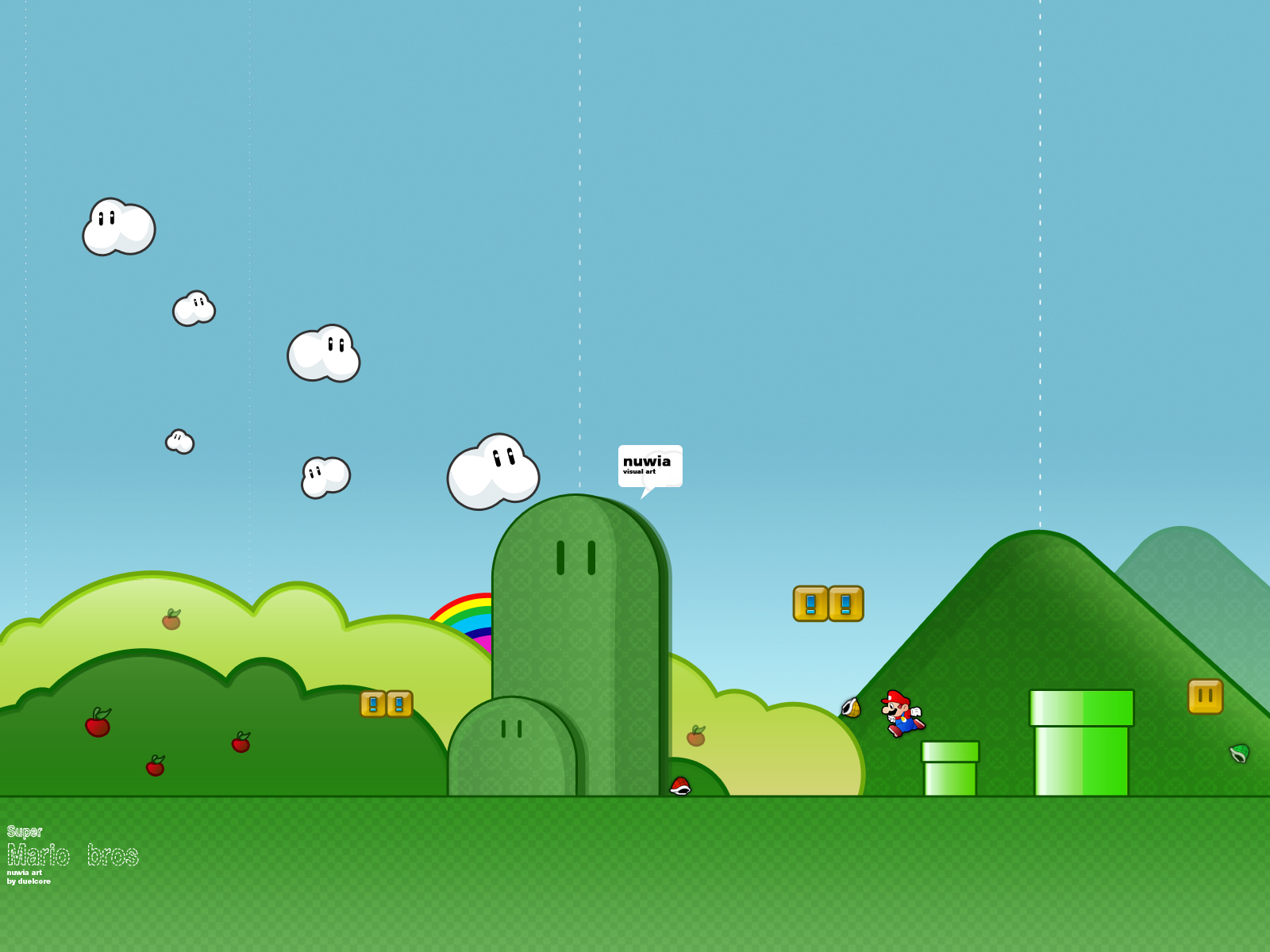 Minimalist Super Mario Bros. wallpaper with iconic elements like hills, pipes, clouds, and Mario himself