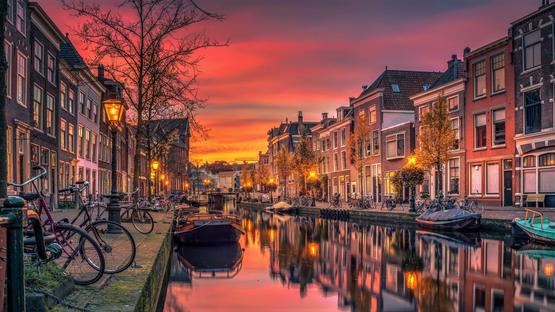 Amsterdam Canal Sunset Houses Bicycle
