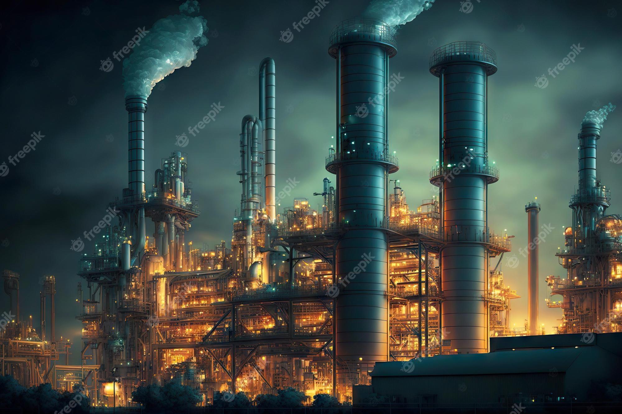 Premium Photo Refinery Chemical Factory At Night With Buildings