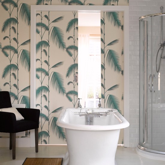 Bathroom With Green Fern Print Wallpaper Standing Bath And Black