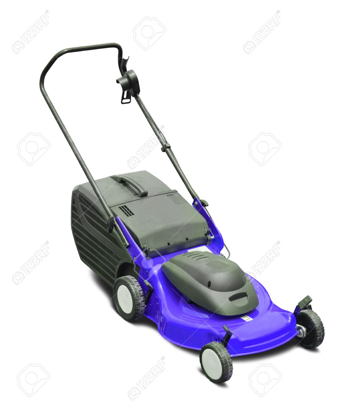 Blue Lawn Mower Isolated Over White Background Stock Photo