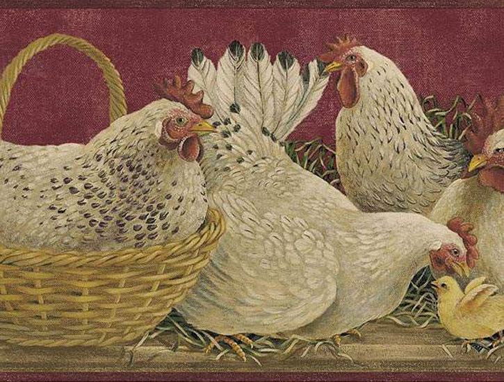 Rooster Burgundy Wallpaper Border Rustic Country Primitive