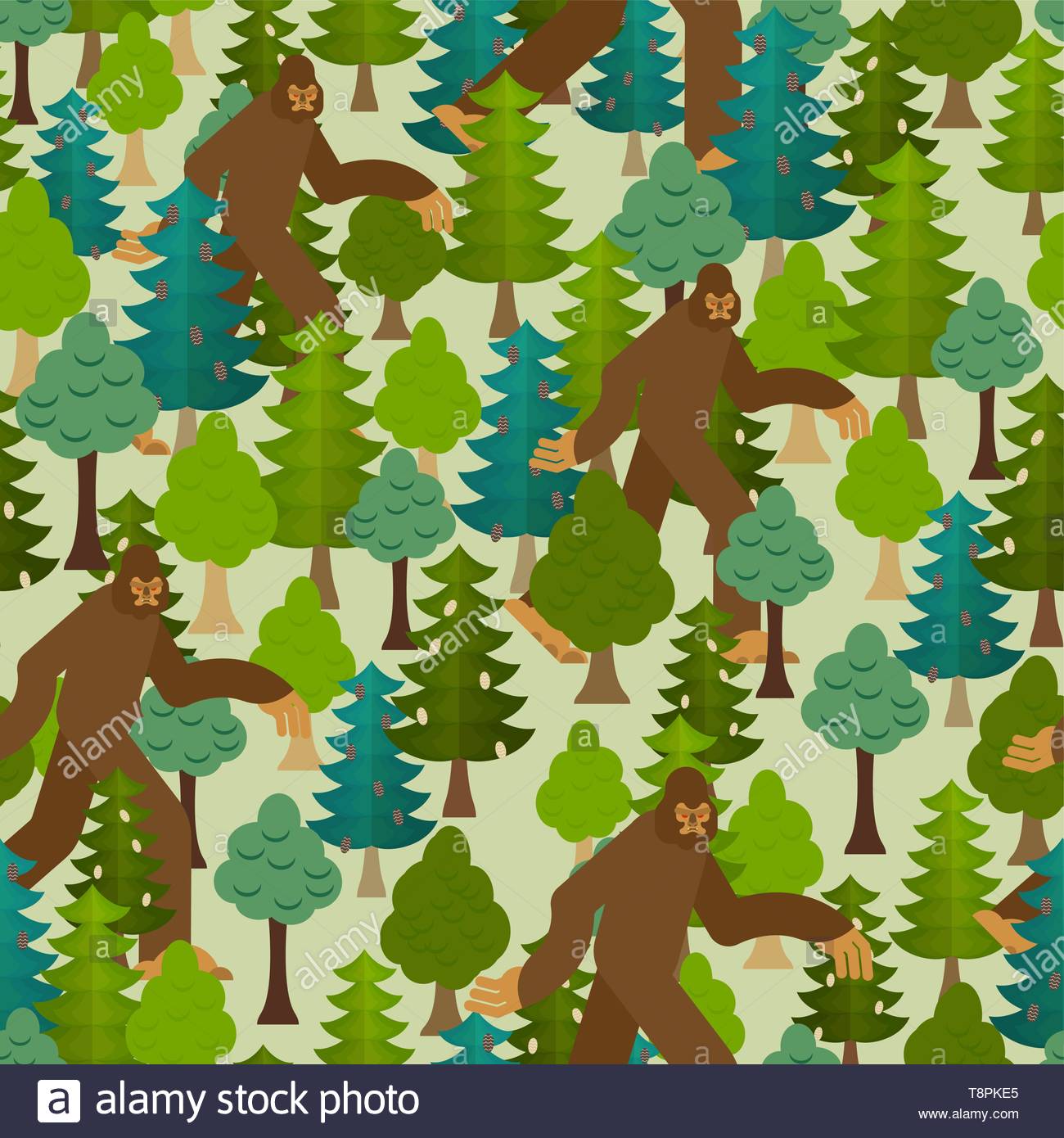 Bigfoot In Forest Pattern Seamless Yeti And Trees Background