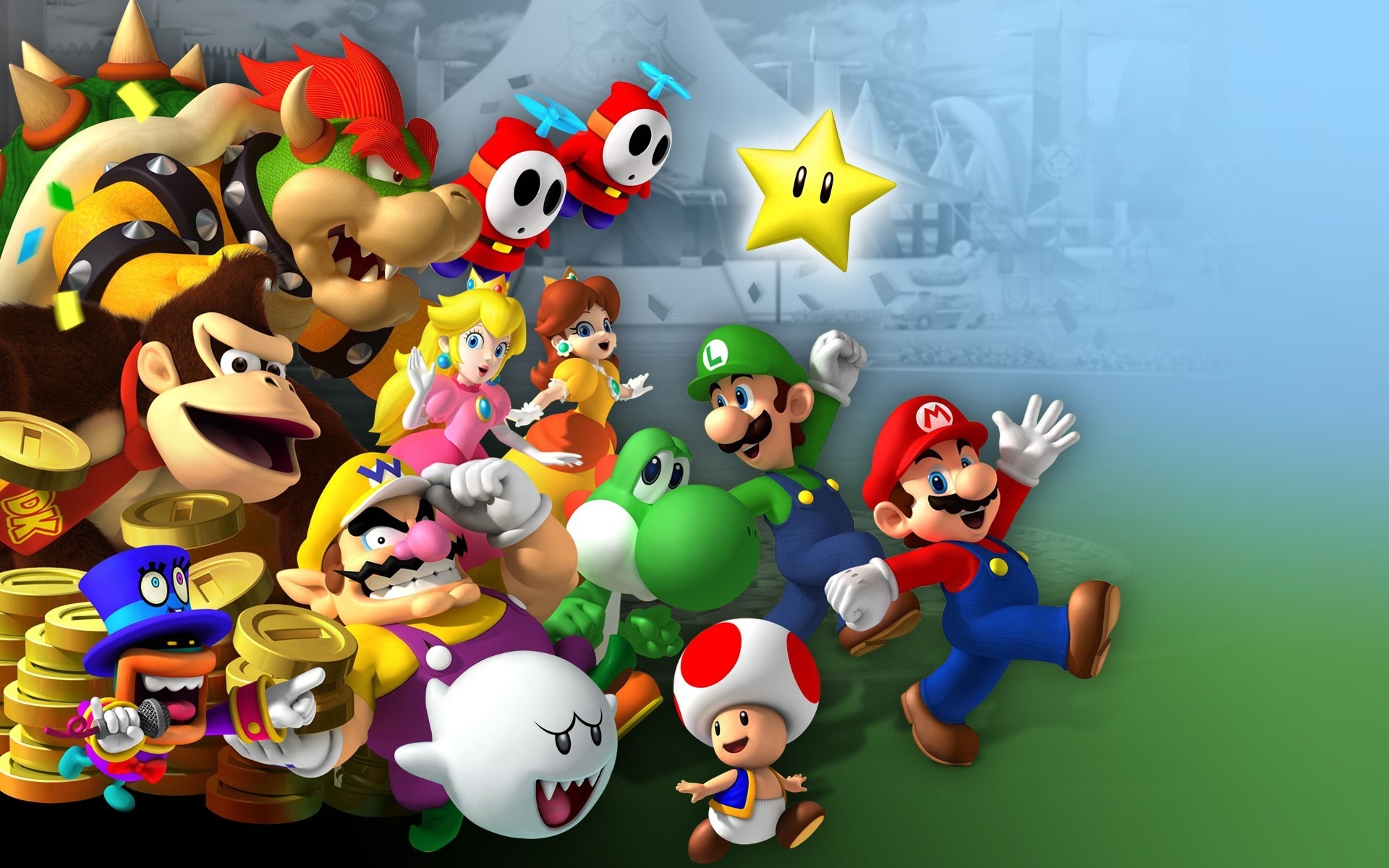 A vibrant collage of Super Mario characters, including Mario, Luigi, Peach, Donkey Kong, and more, celebrating the world of Nintendo