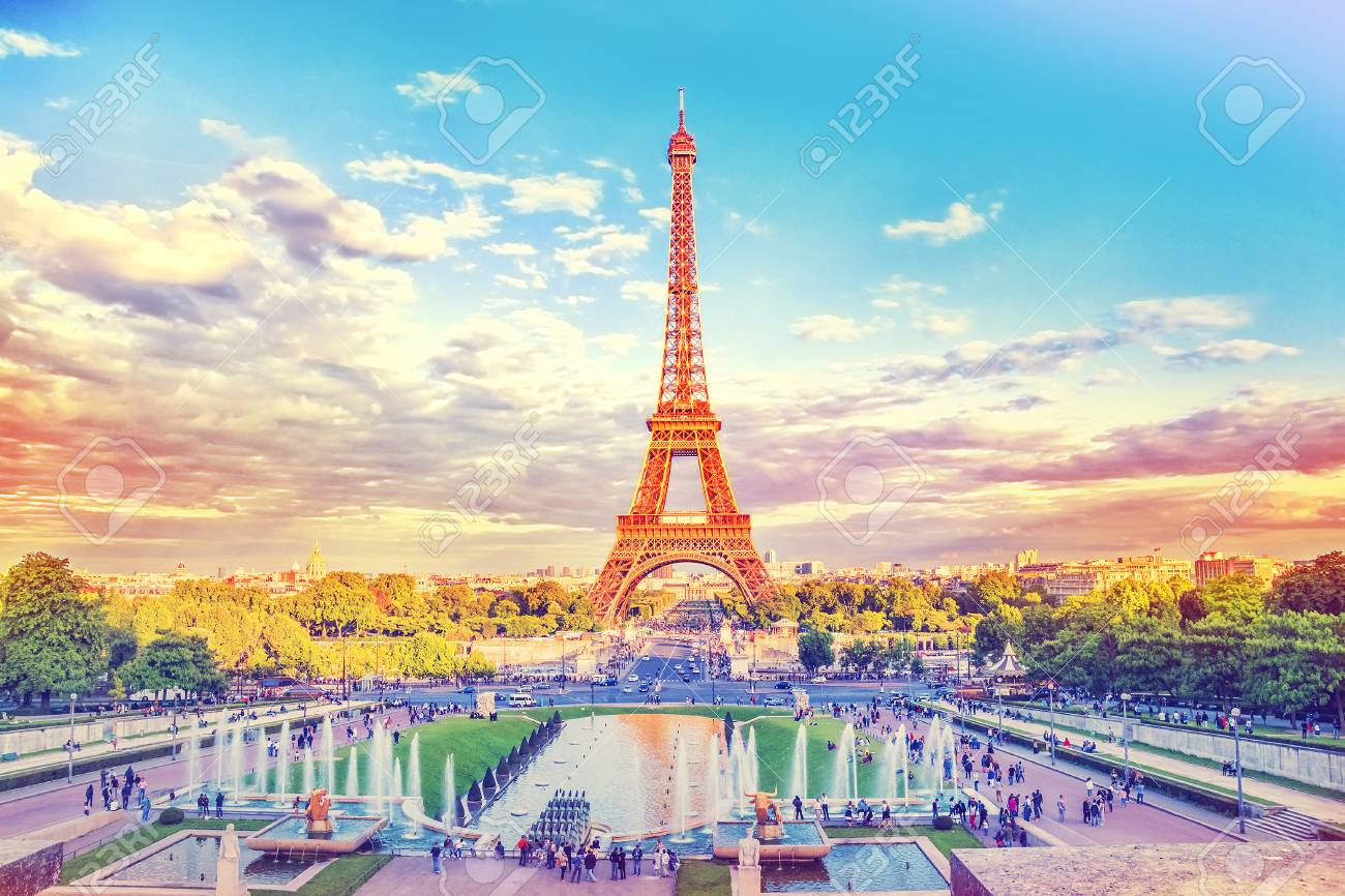 Eiffel Tower And Fountain At Jardins Du Trocadero Paris France