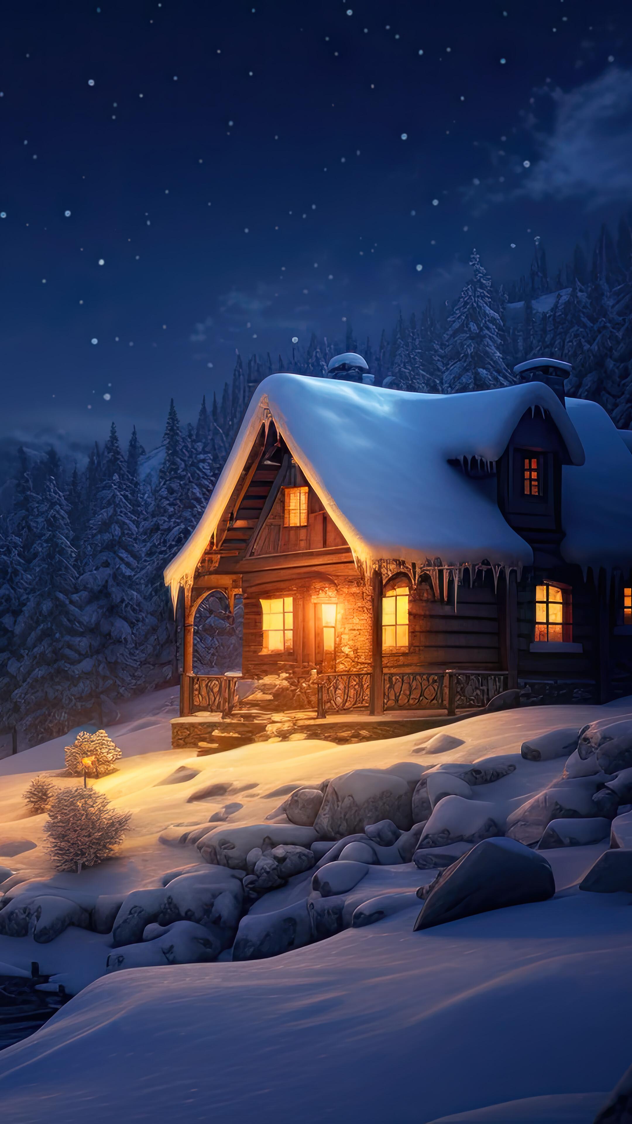 Winter Cabin Snow Forest Night Scenery 4k Wallpaper iPhone HD