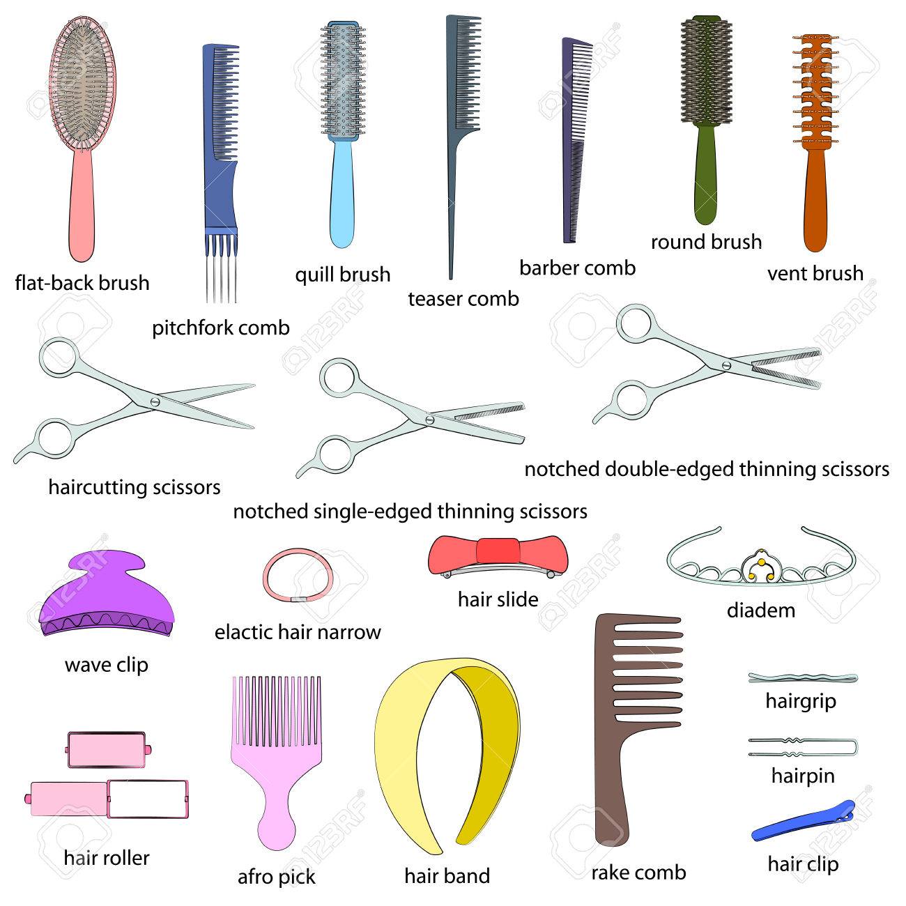 Set Of Hairdressing Tools Illustrations White Background Colored