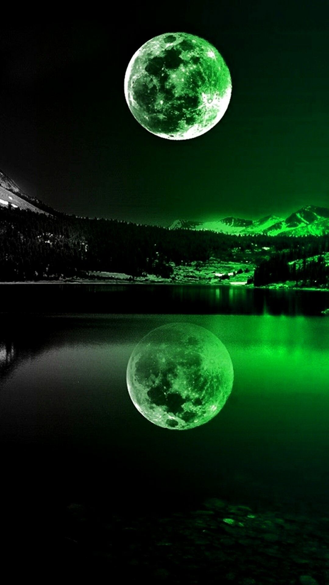A mesmerizing green moon reflected in a serene lake, with a silhouette of mountains and trees in the background. Perfect for a cool phone wallpaper