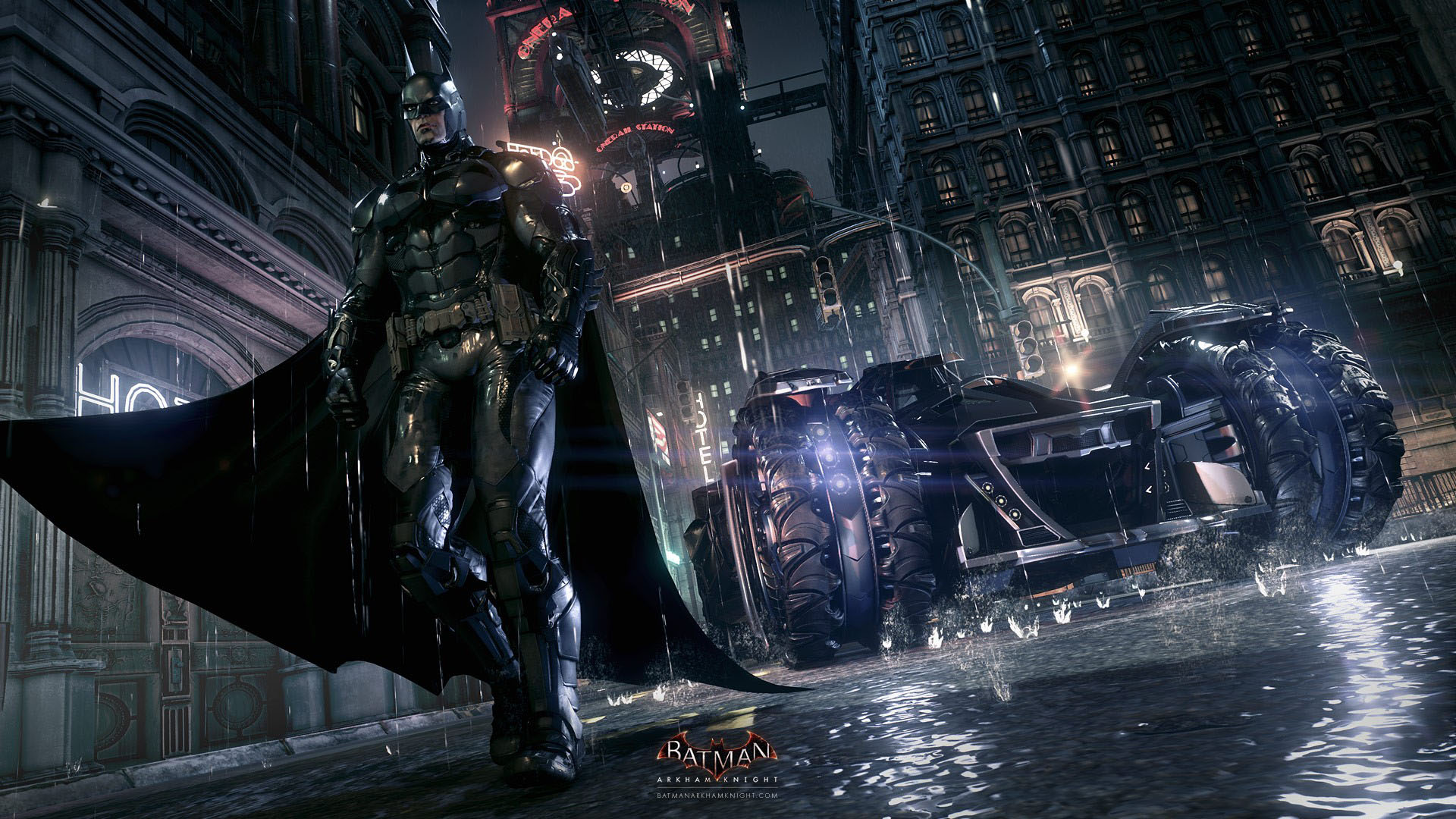 Batman Arkham Knight And Batmobile In The Rainy Night