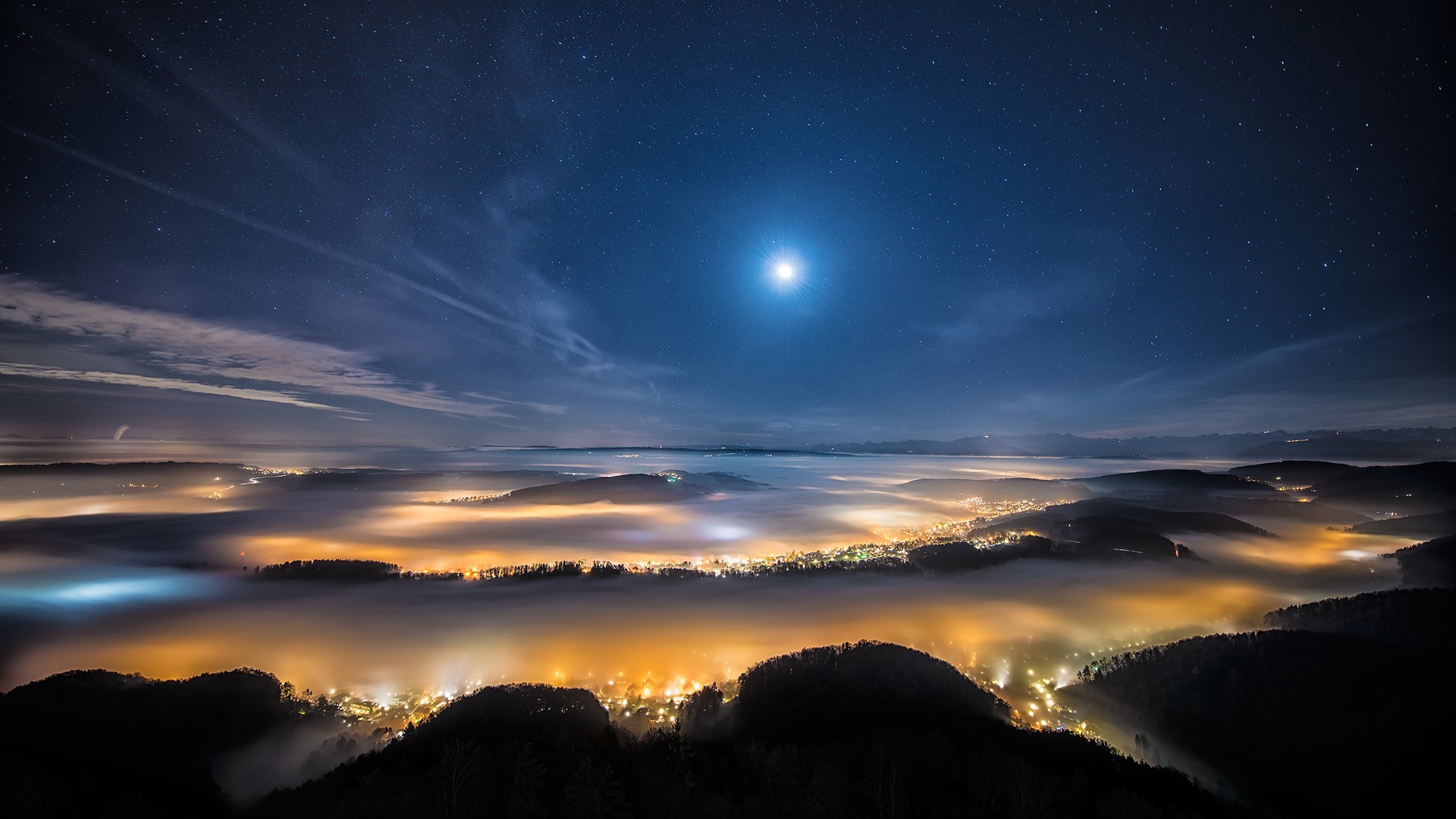Night Moon Stars Forest Trees Mist City Wallpaper HD