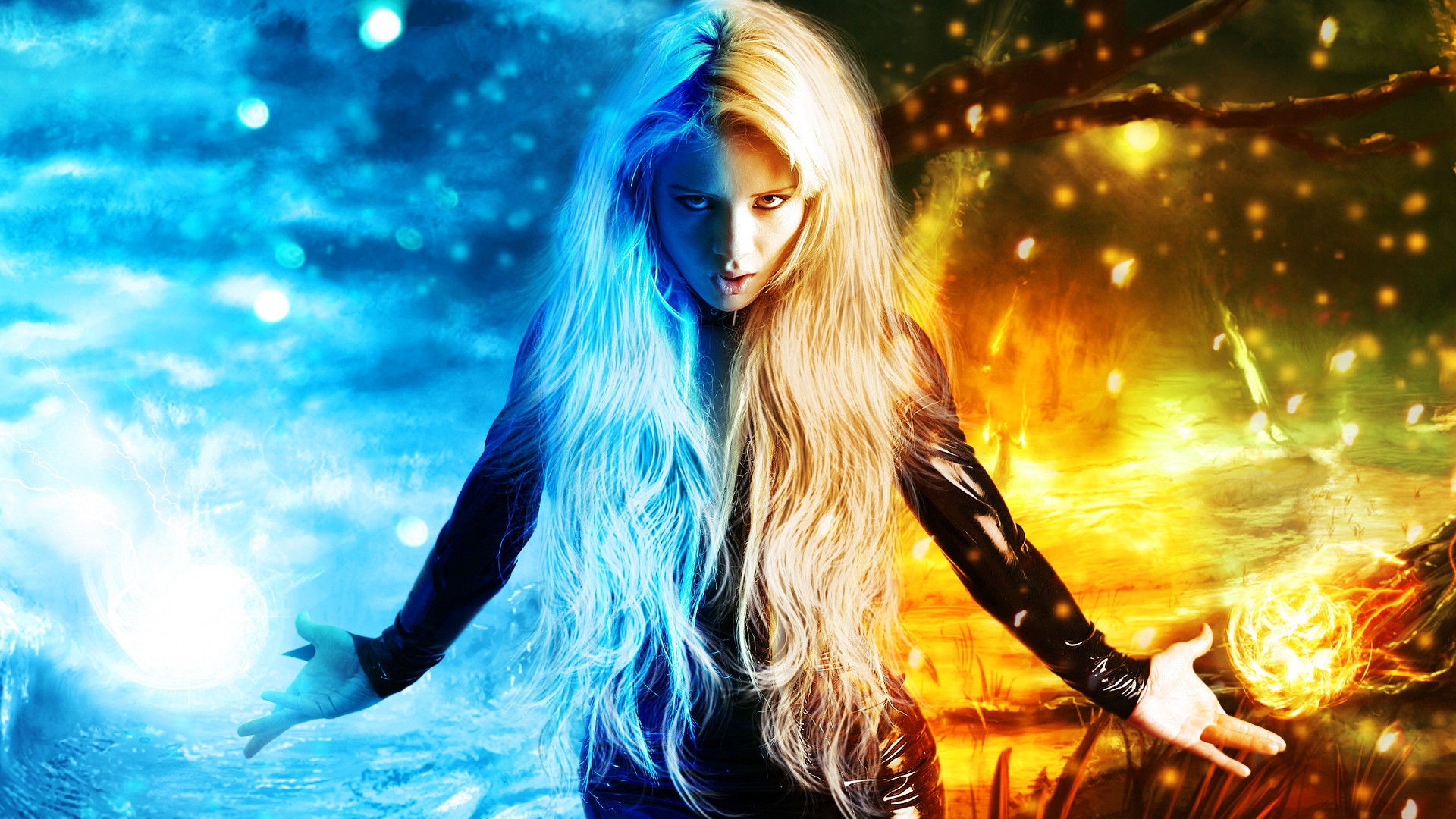Of Fire And Ice 3d Art Blonde Blue Girl Orange Woman