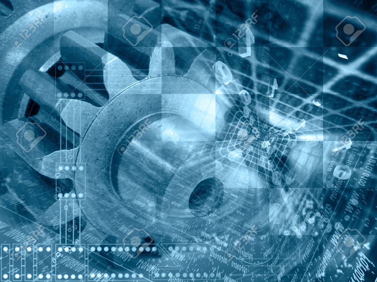 Digits And Gears   Abstract Computer Background In Blues Stock