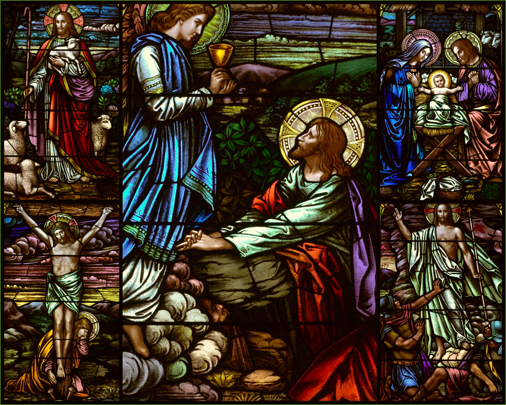 Stained Glass Window Of The Agony In Thegarden With Scenes From