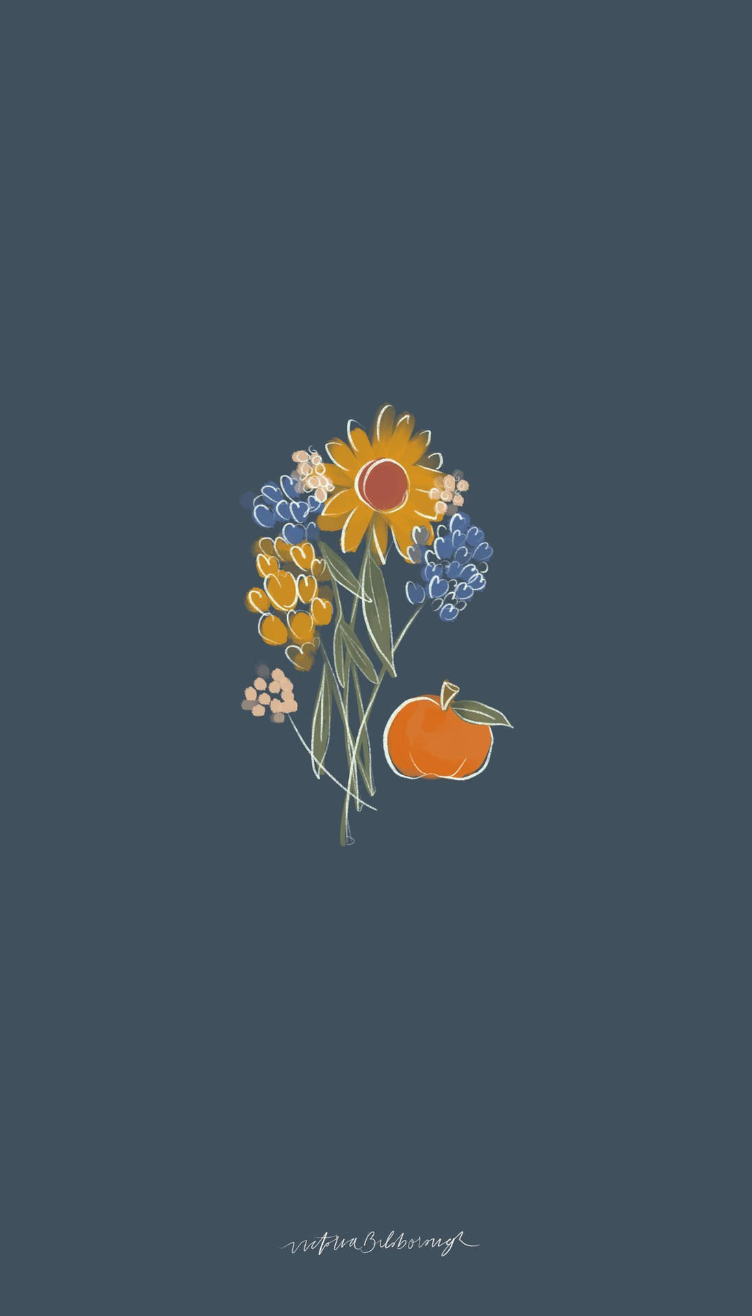 A minimalist fall-themed illustration featuring a bouquet of flowers in yellow, orange, and blue, accompanied by a single peach, set against a dark blue background
