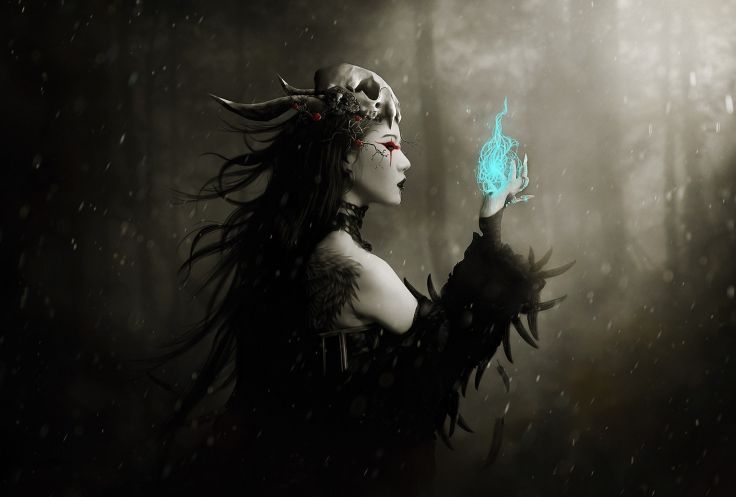 fantasy art witch magic spell occult skull women females mood winter 736x497