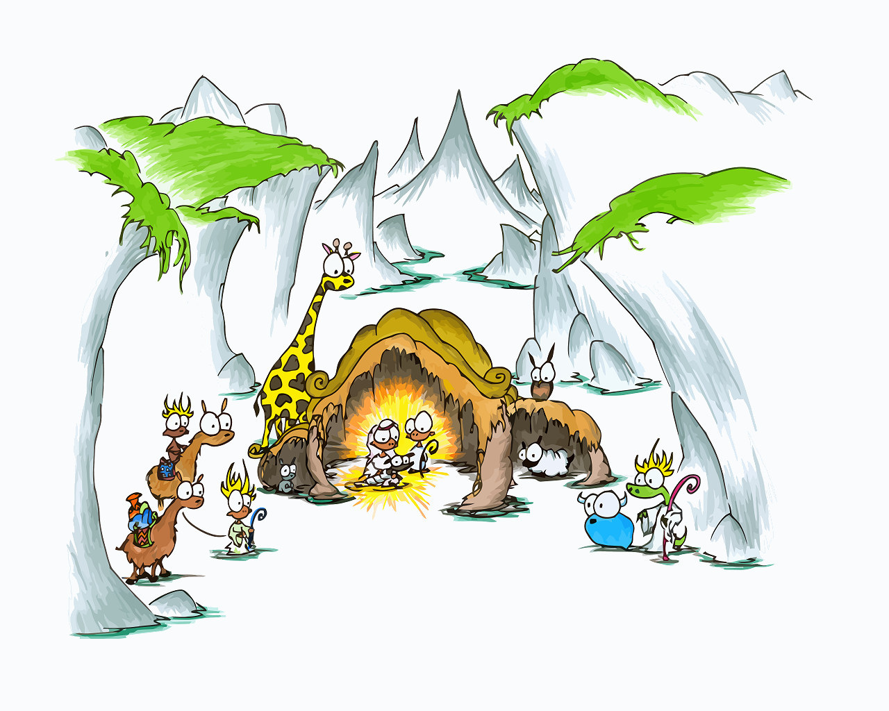 Christmas Screen Background Of A Nativity Scene With Monkeys Llamas