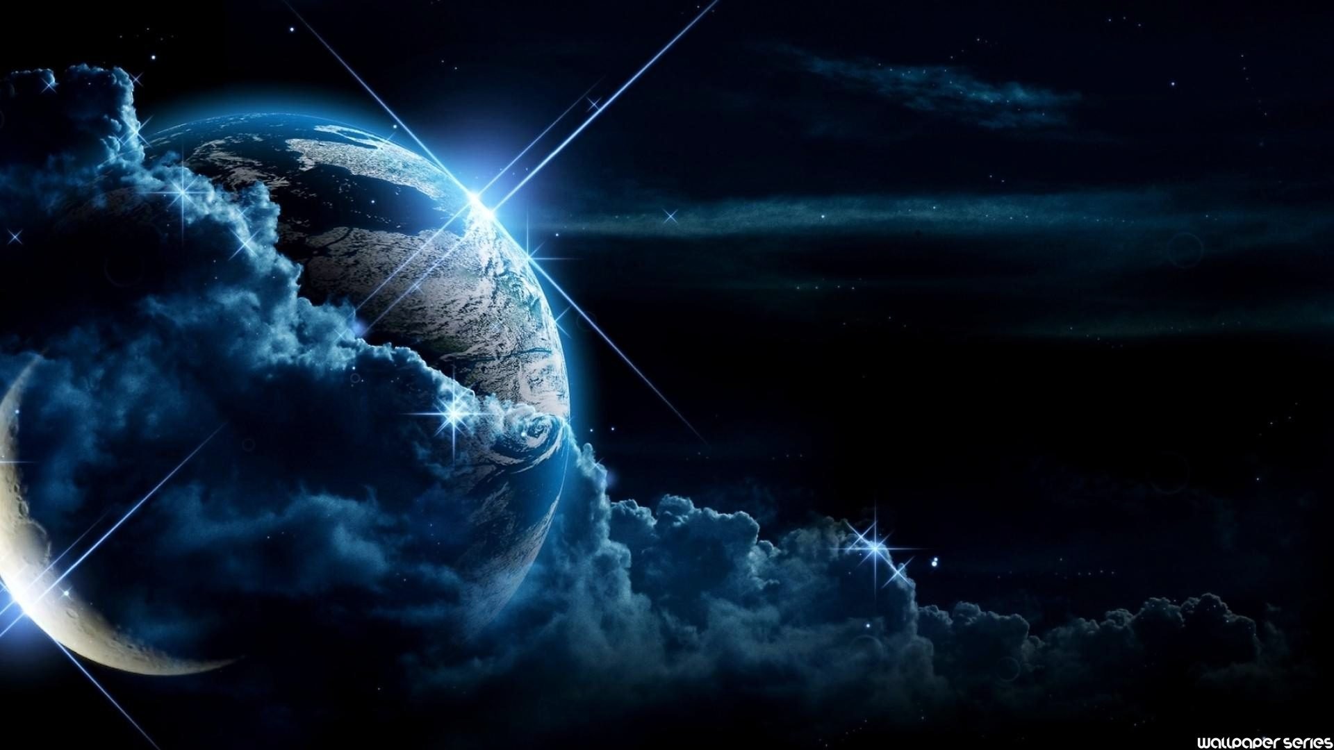 A cool wallpaper for a laptop featuring a crescent moon, Earth, clouds, and starry night sky