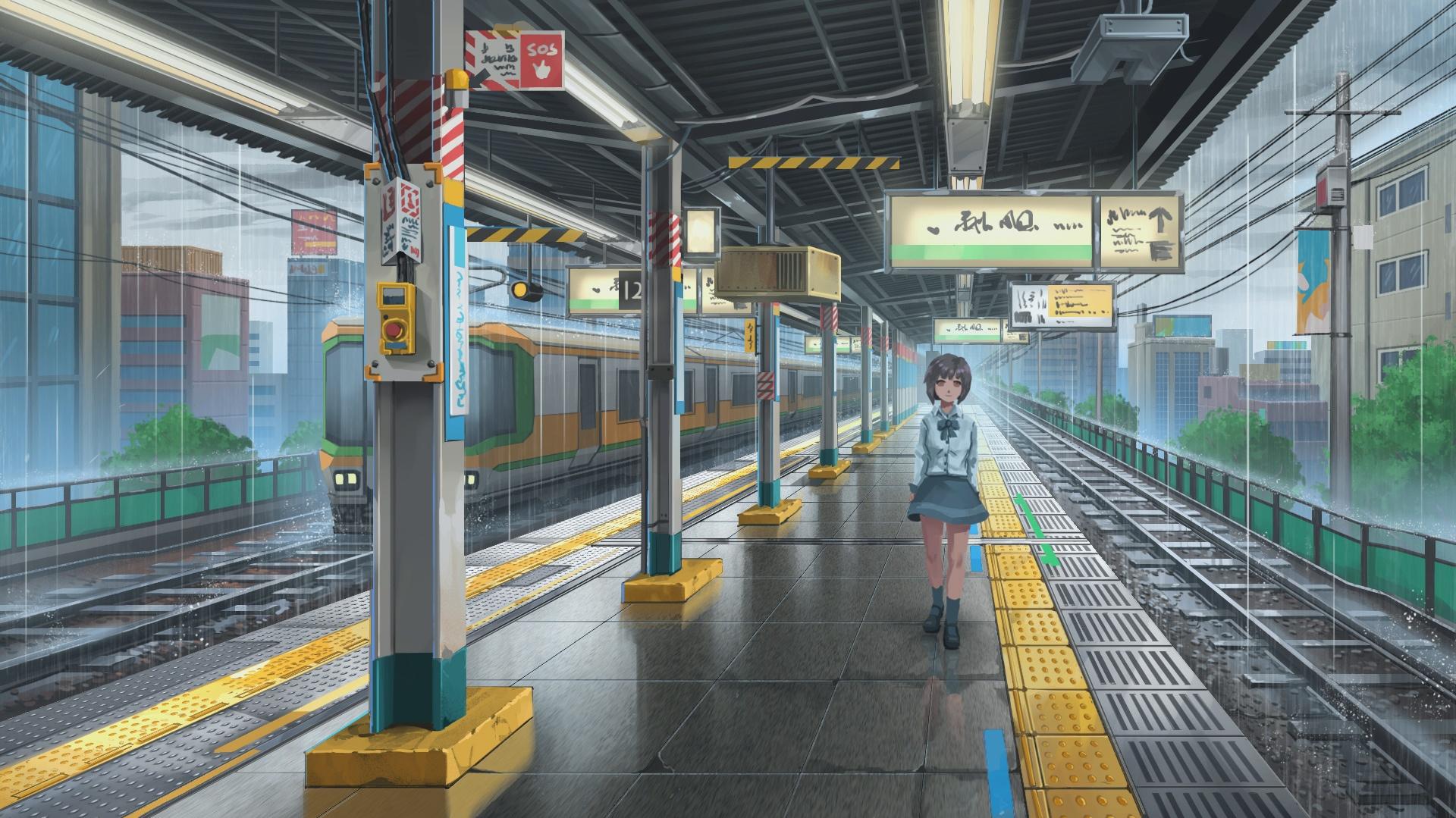 Wallpaper Girl Rain Train Station Section Art In