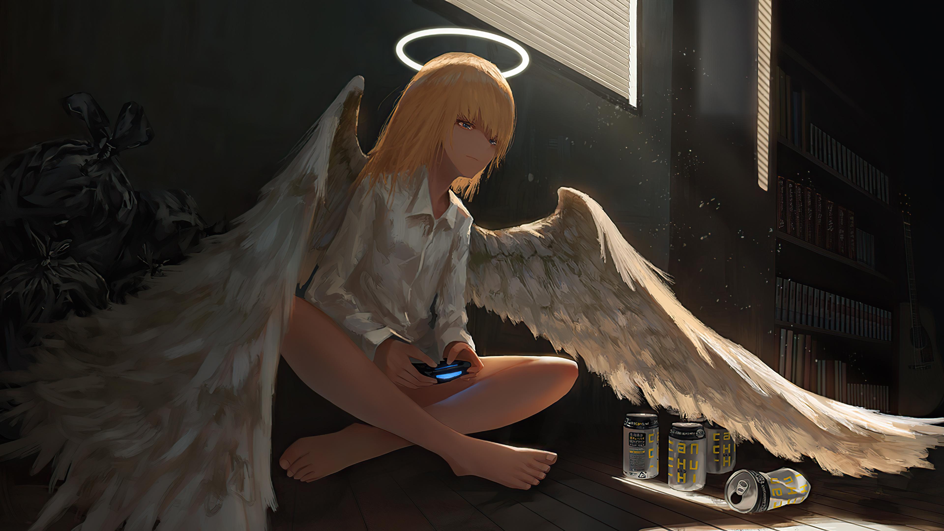 Angel Gamer Anime Girl Wings Halo 4k Wallpaper