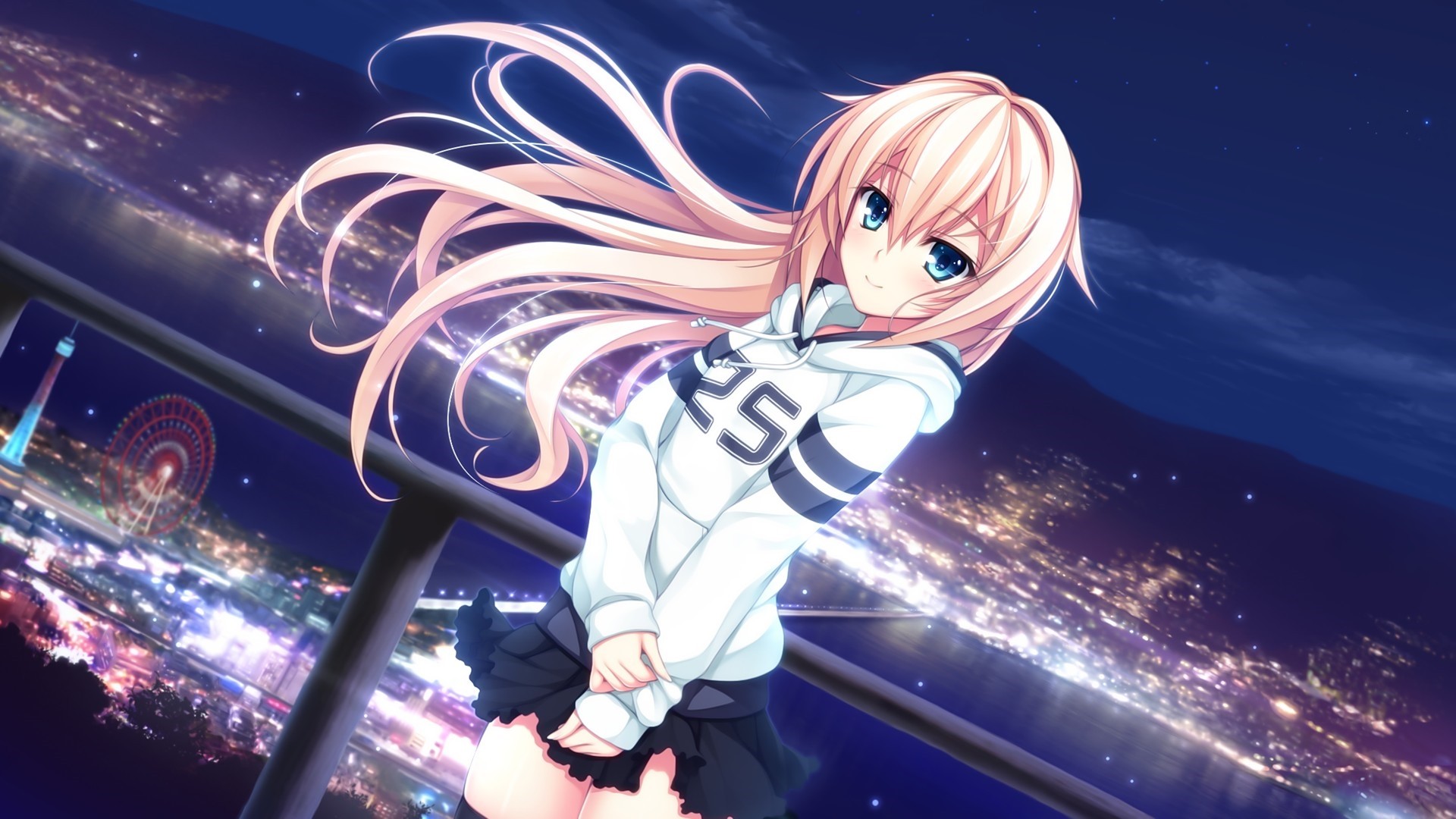 A cute anime girl with long, flowing blonde hair and bright blue eyes stands on a balcony overlooking a sparkling cityscape at night. She's wearing a white hoodie with the number 25 on it and a short black skirt. The city lights and a Ferris wheel create a magical backdrop
