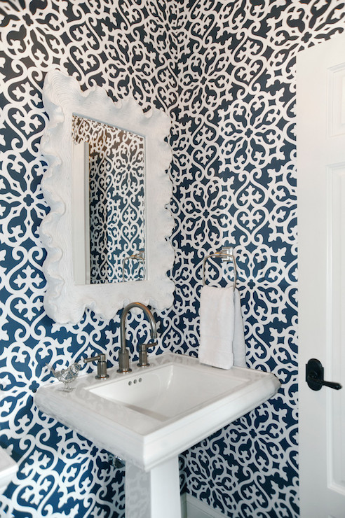 White And Navy Bathroom Features Thibaut Allison Wallpaper Which