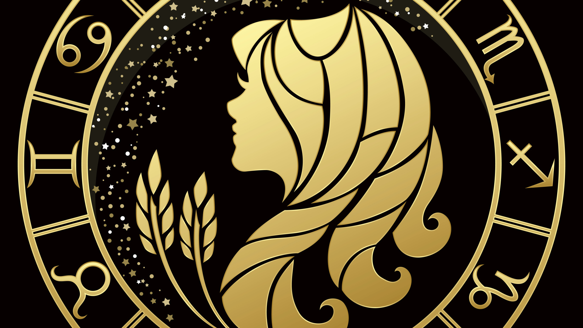 Golden Virgo zodiac sign on a black background Desktop wallpapers