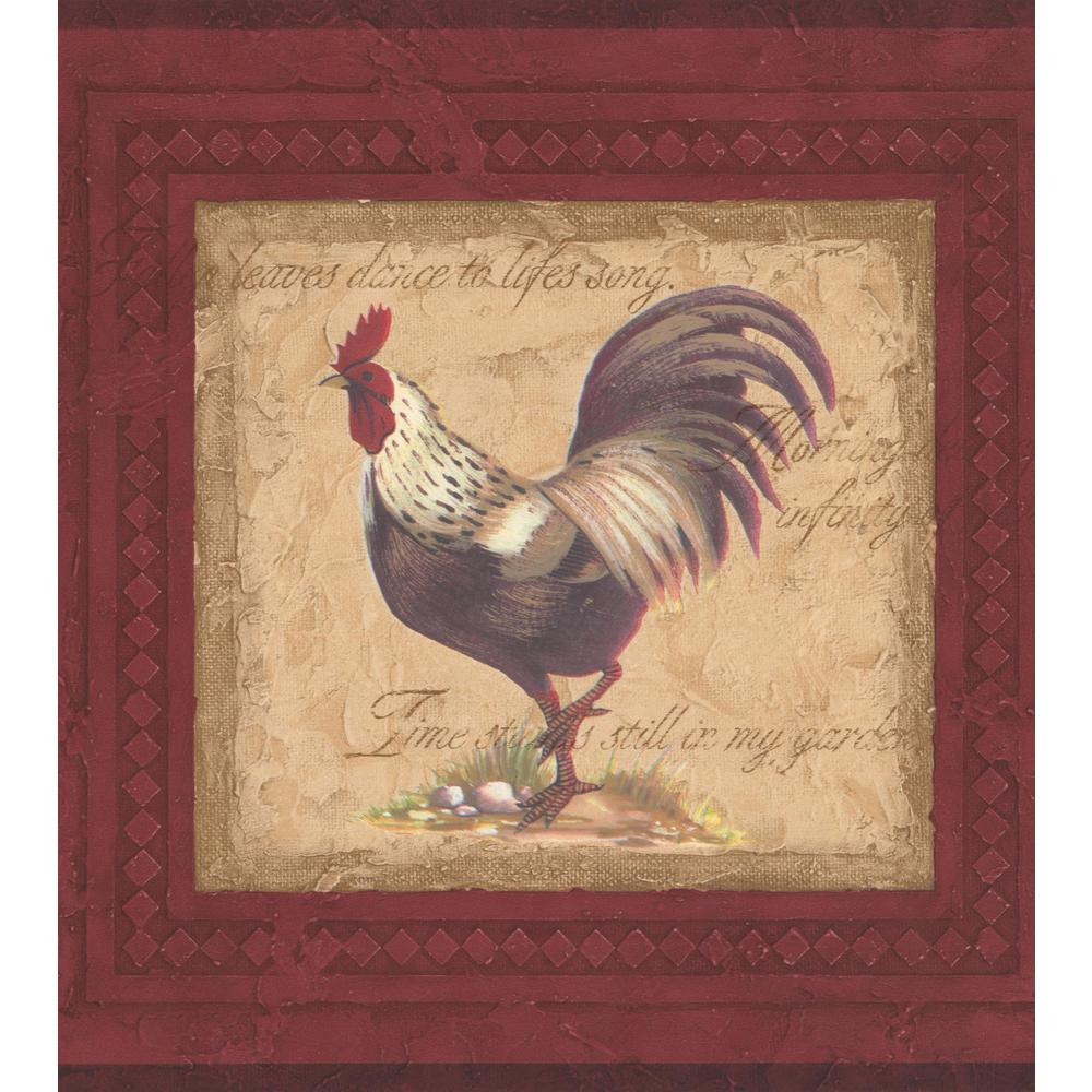 Retro Art Vintage Rooster Paintings on Red Wall Extra Wide