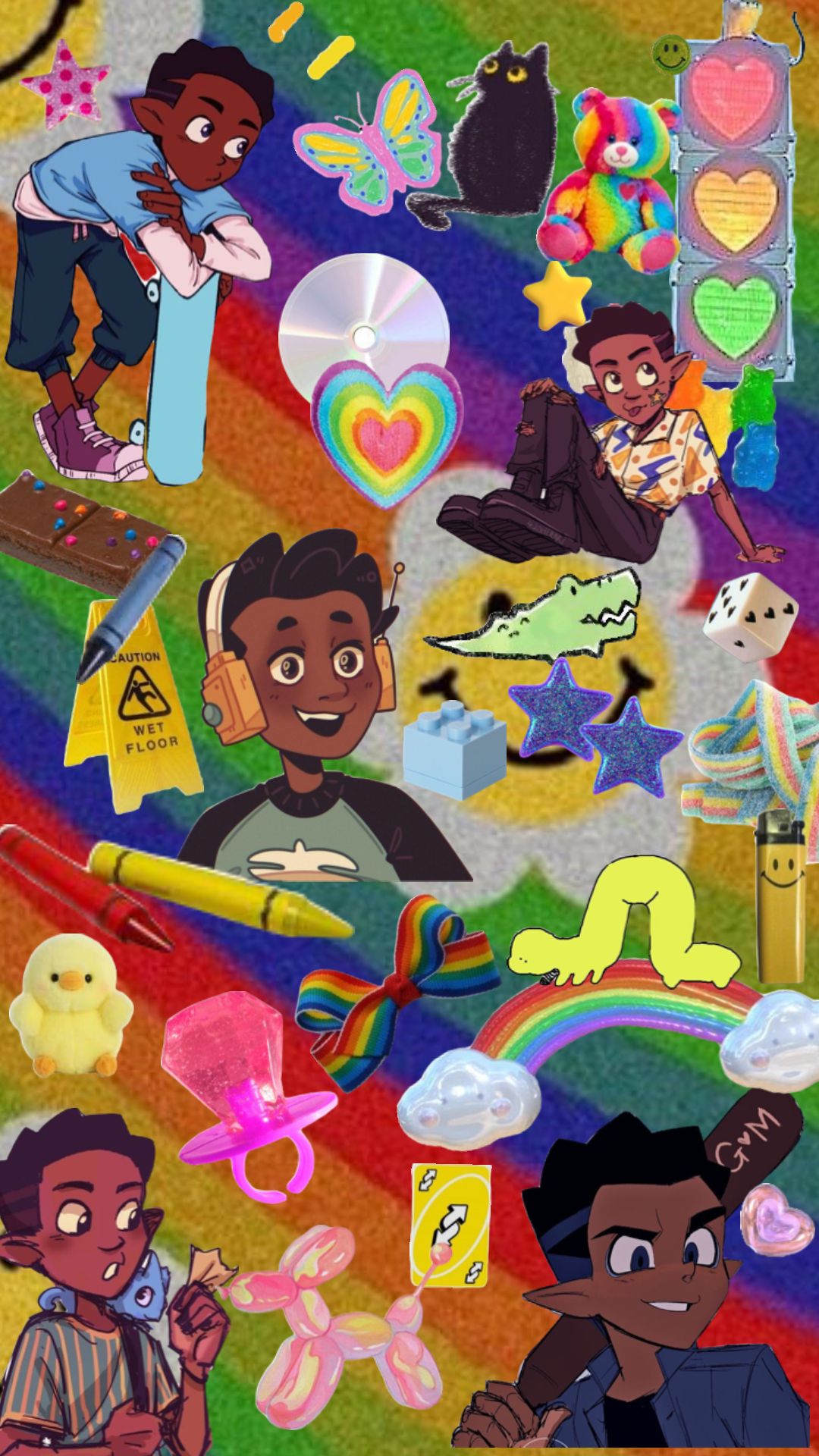 Cartoon Characters Collage On Rainbow Background Wallpaper
