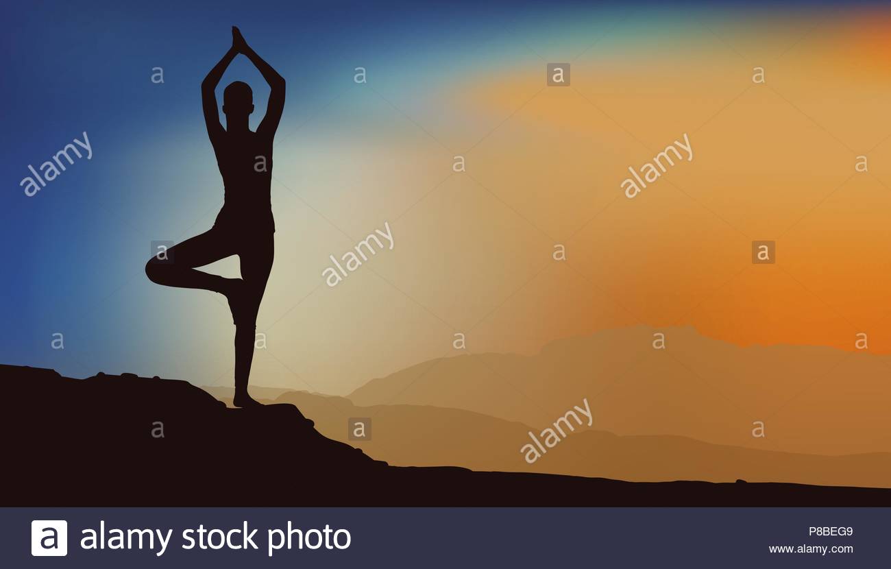 Young Slender Girl Doing Yoga On A Background Of Sunrise In The