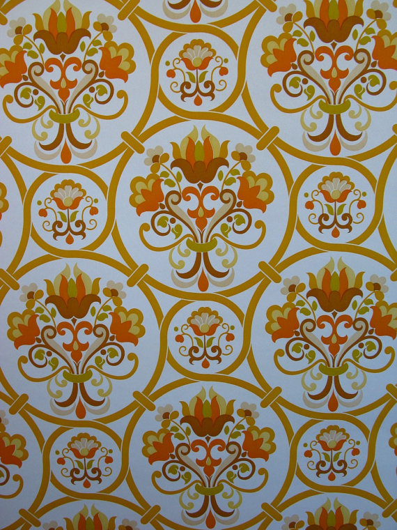 Vintage Wallpaper Yellow Orange And Brown Floral Circle Trellis