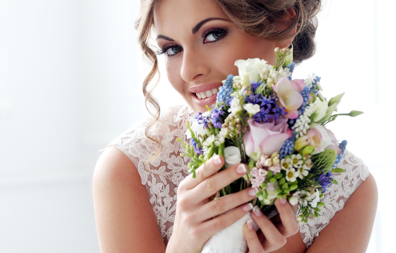 Wallpaper Girl Smile Bouquet Makeup Hairstyle The Bride