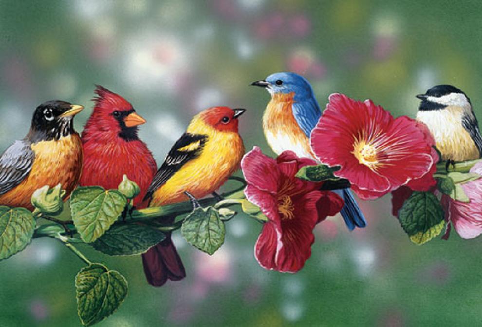 Songbirds And Hollyhocks Wallpaper HD