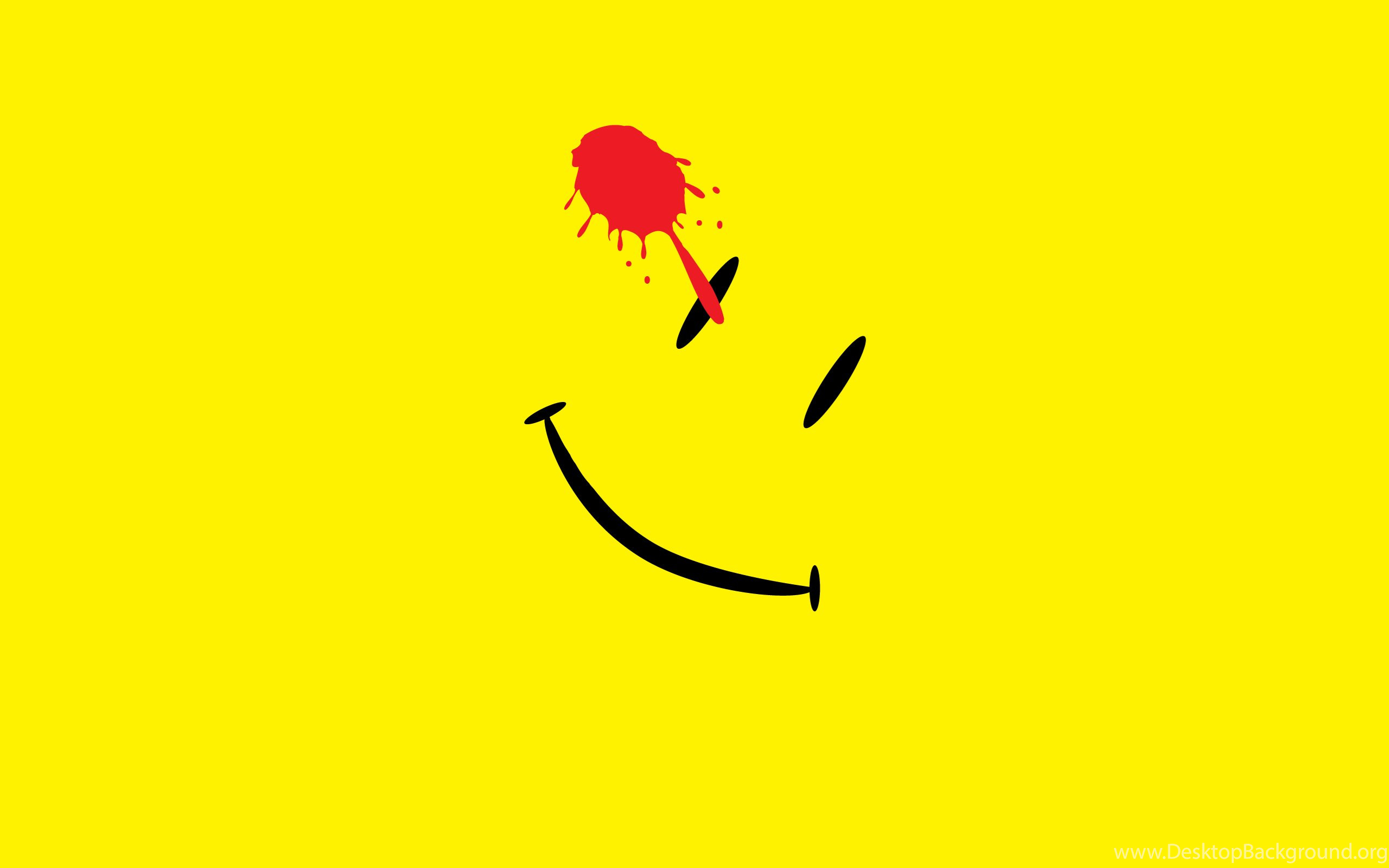 Yellow smiley face with a blood splatter, reminiscent of the Watchmen comic book and movie