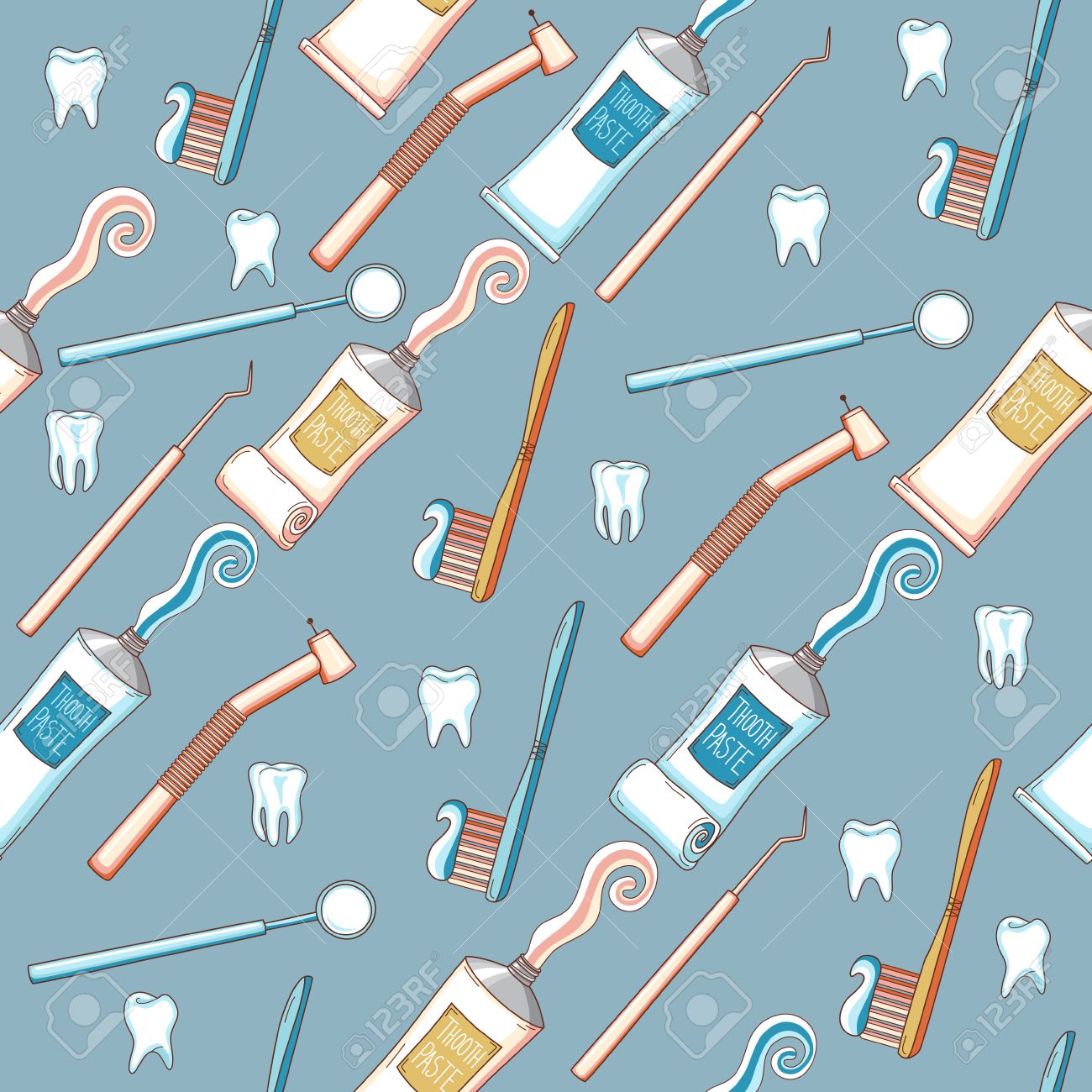 Seamless Cartoon Background With Toothpaste Toothbrush And Dental