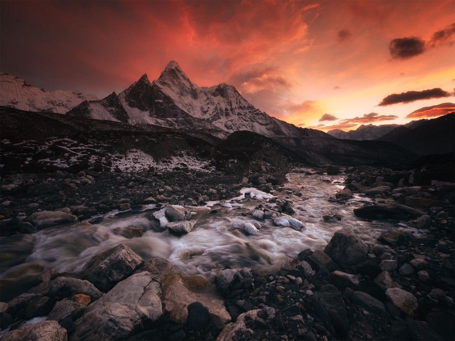 Sunset Behind Ama Dablam Near Chukung Khumbu Nepal Mountain