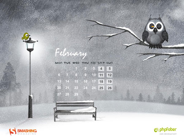 February Hungry Owl Calendar Wallpaper
