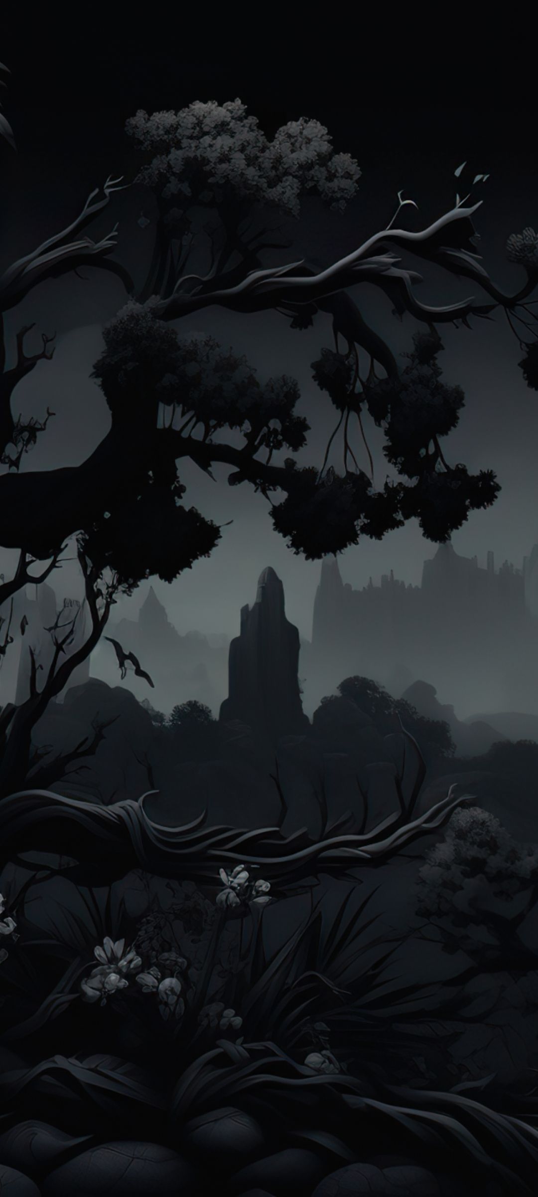A dark and moody 4K wallpaper featuring a silhouetted tree against a misty, mountainous backdrop. The scene has a black aesthetic with subtle details in the foreground