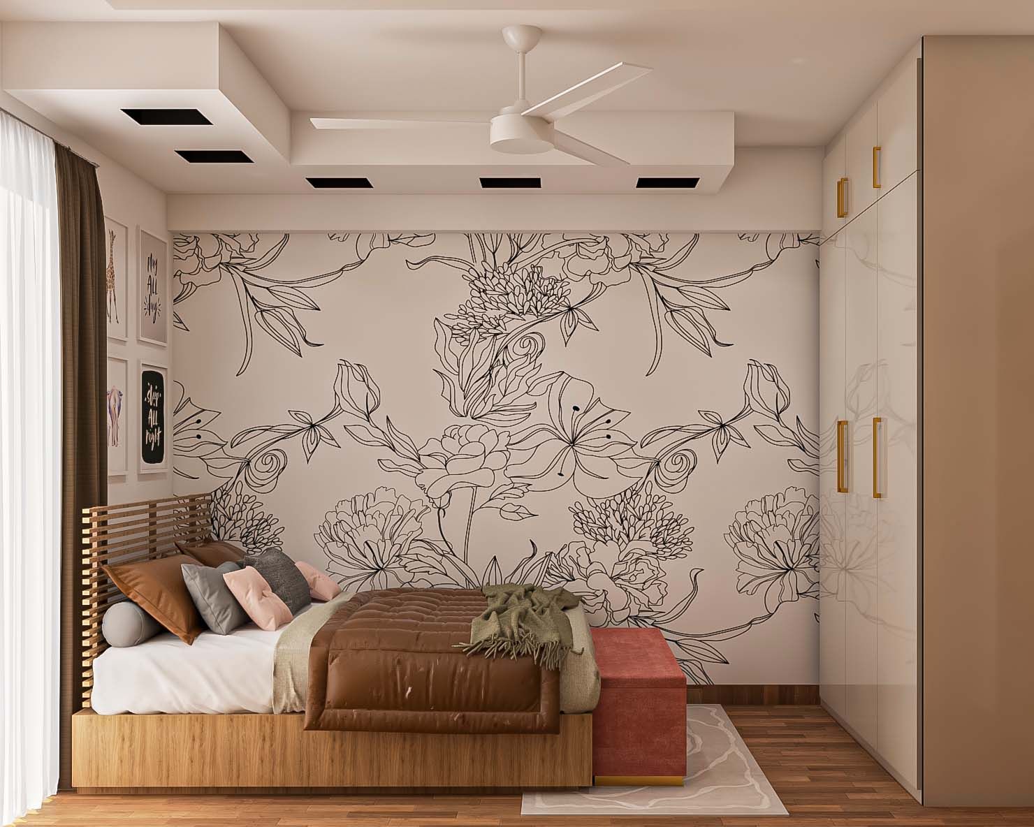 Modern Master Bedroom Design With Floral Wallpaper And Rustic Wooden Bed